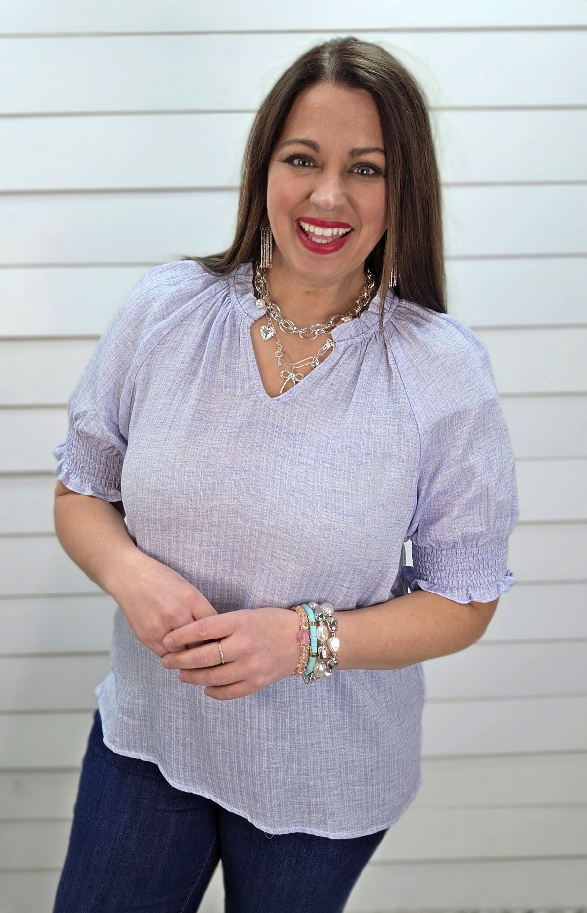 LIGHT BLUE RUFFLED COLLAR V NECK SMOCKED SLEEVE WOVEN TOP