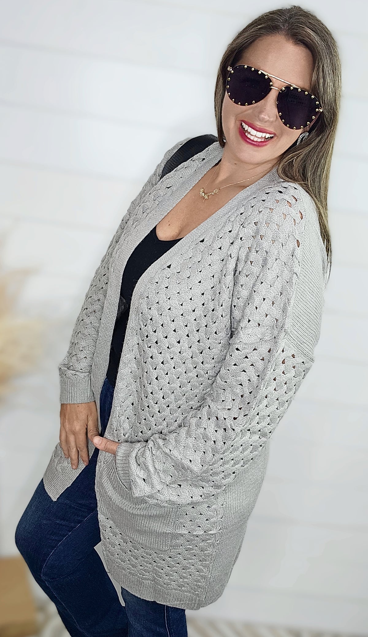 GREY OPEN WEAVE TEXTURE CARDIGAN