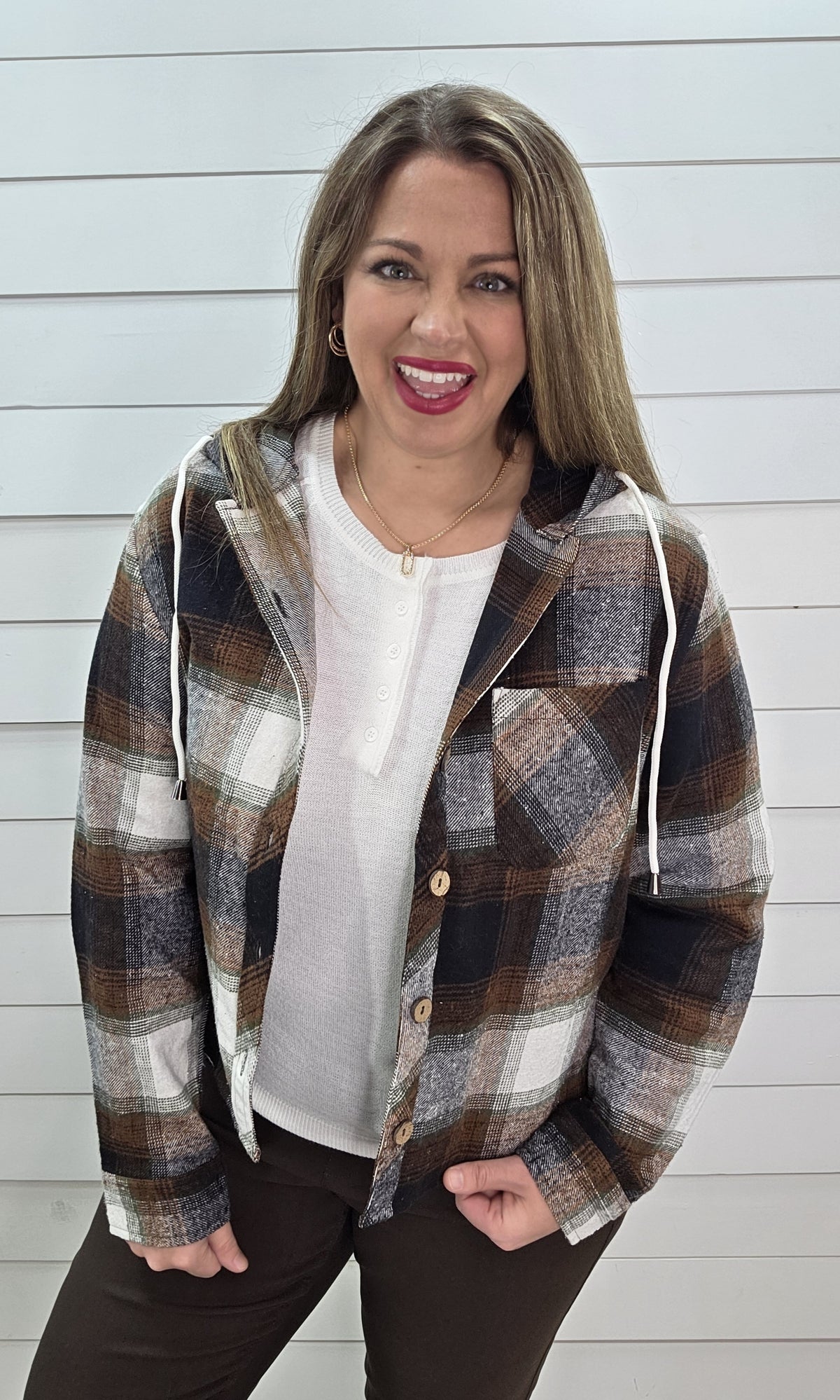 BLACK/BROWN HOODED PLAID HOODED TOP