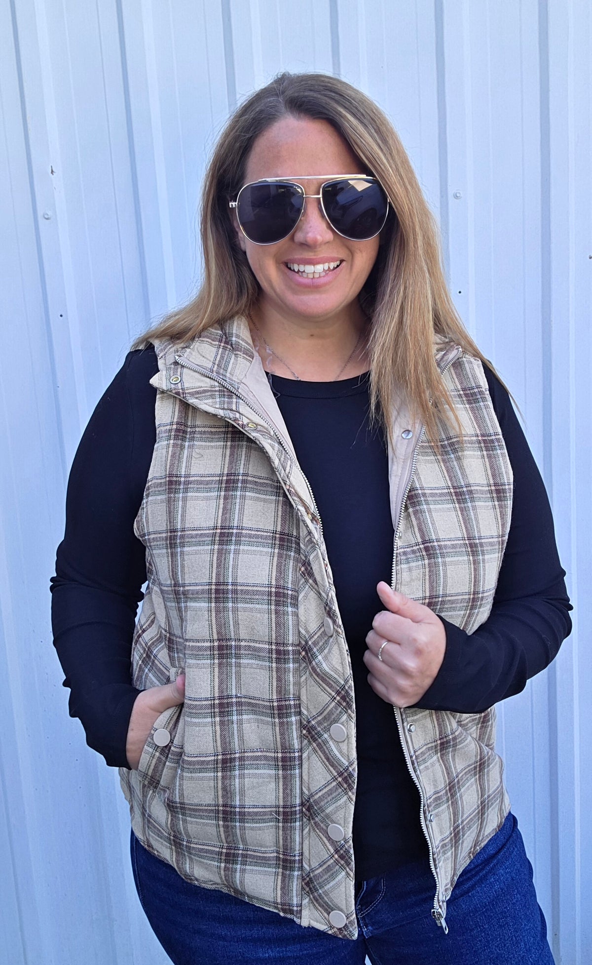 Taupe Plaid Mock Neck, Hidden Zip Up With Snap Button, Plaid Puffer Vest