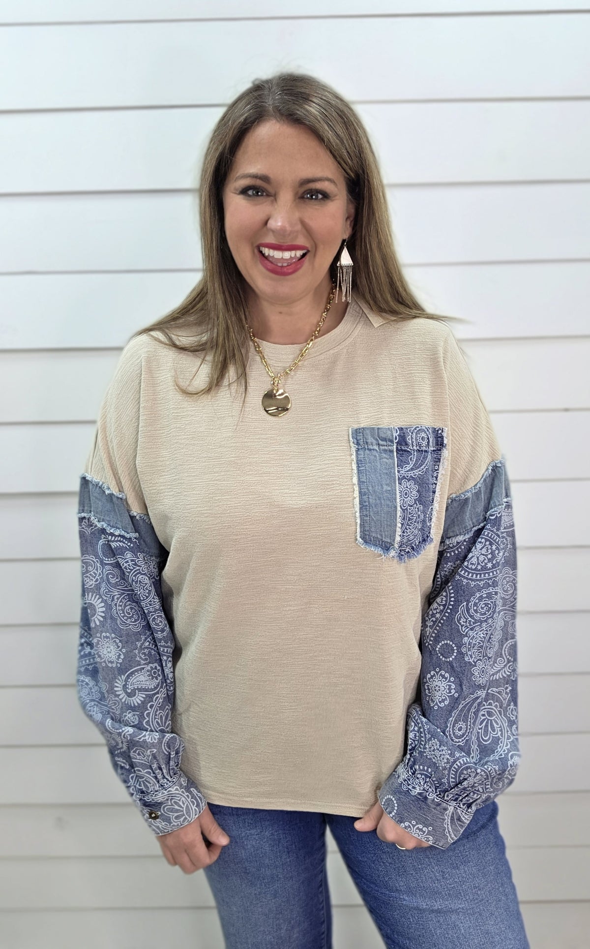 BEIGE COTTON TOP W/ DENIM/PAISLEY CONTRAST