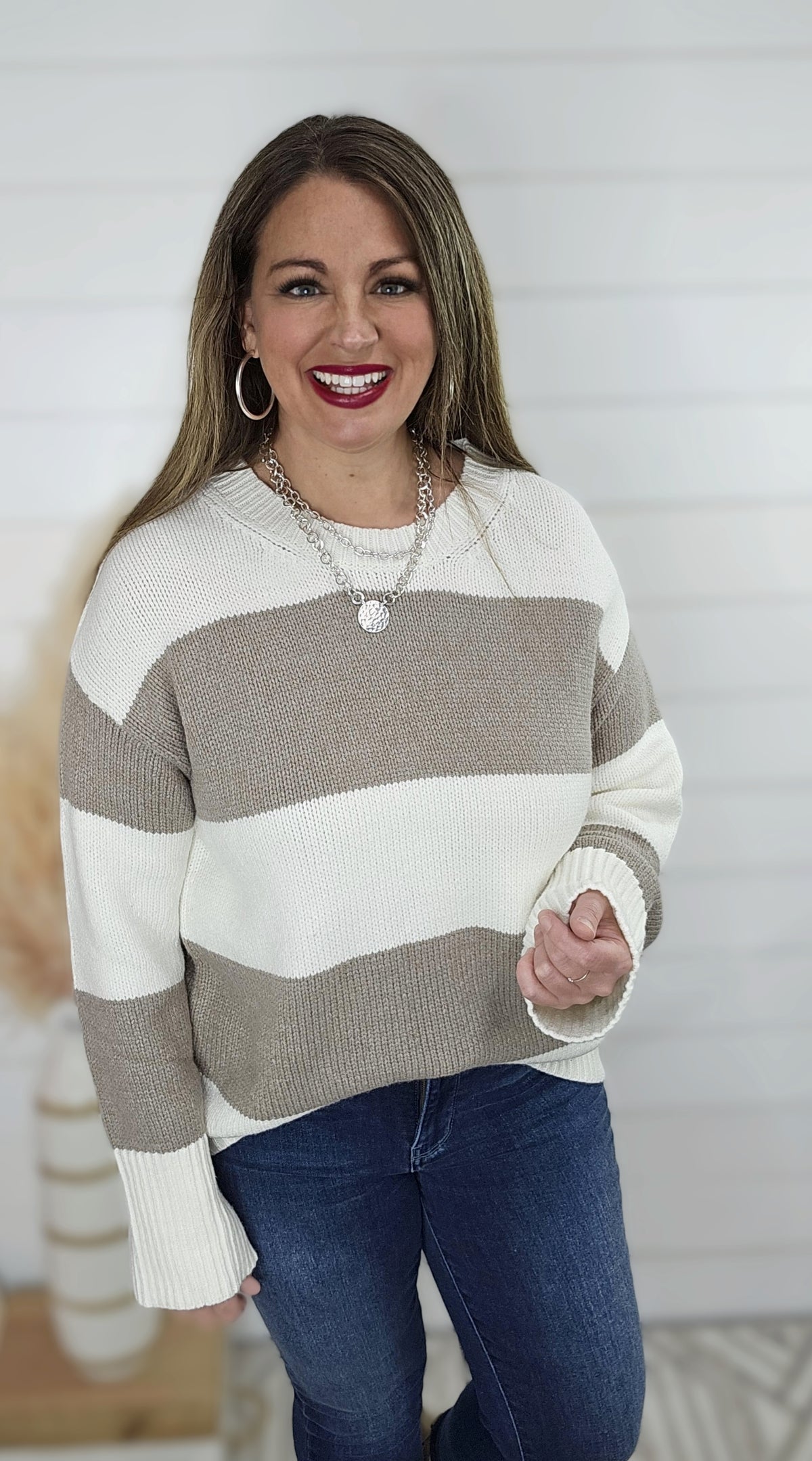 TAUPE COLORBLOCK LOOSE PULLOVER SWEATER