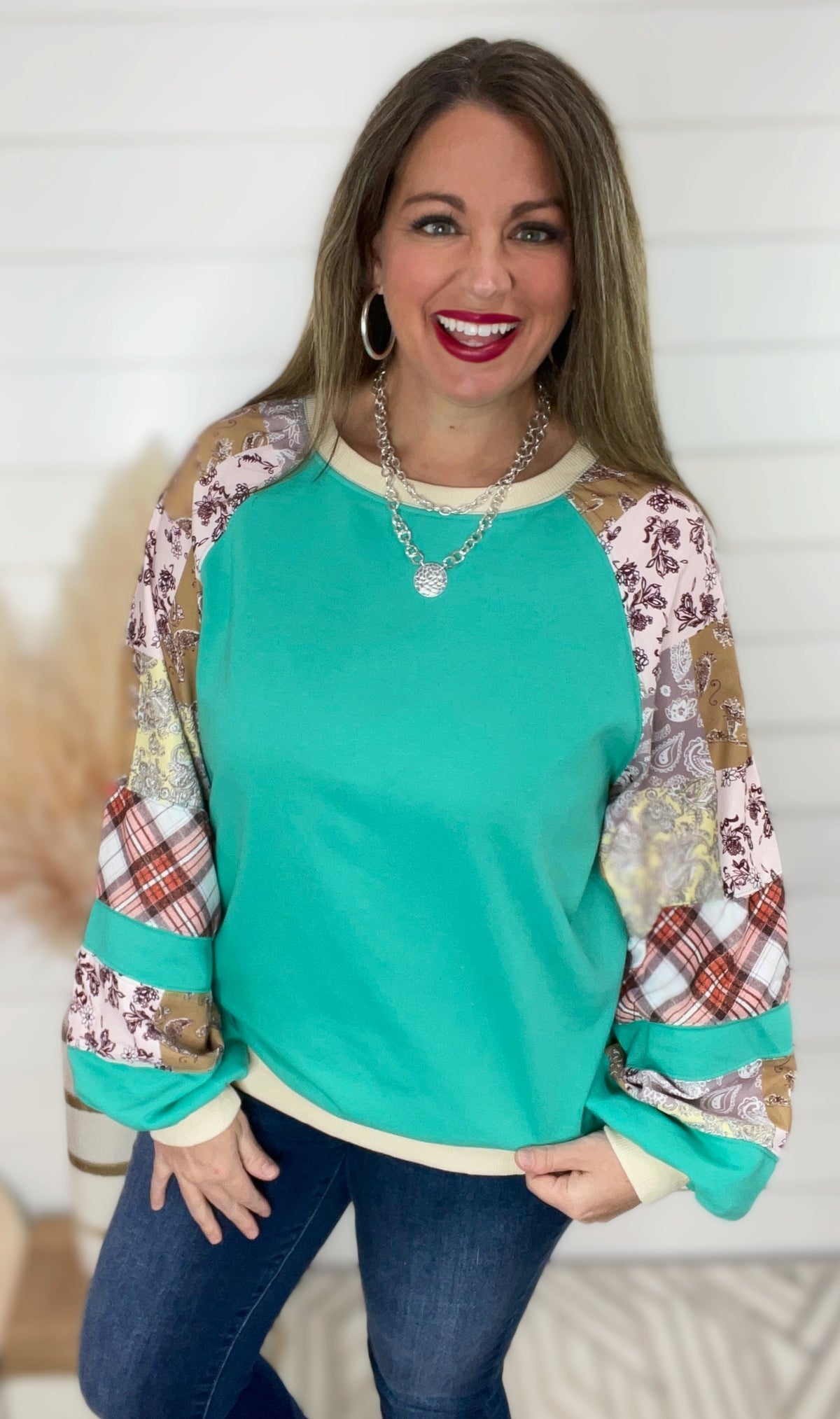 AQUA PATCHWORK SLEEVE PULLOVER TOP