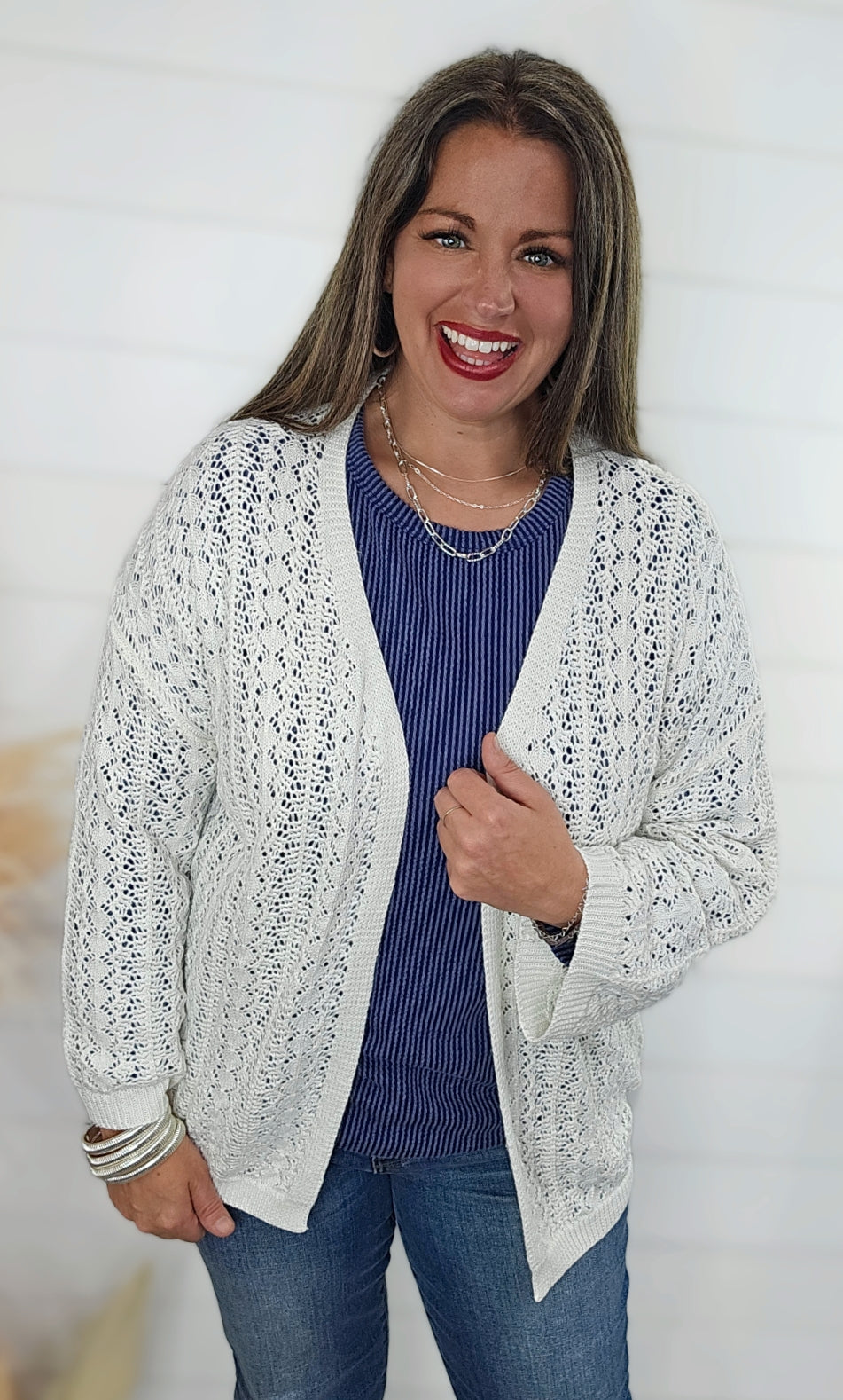 WHITE OPEN KNIT DROP SHOULDER CARDIGAN