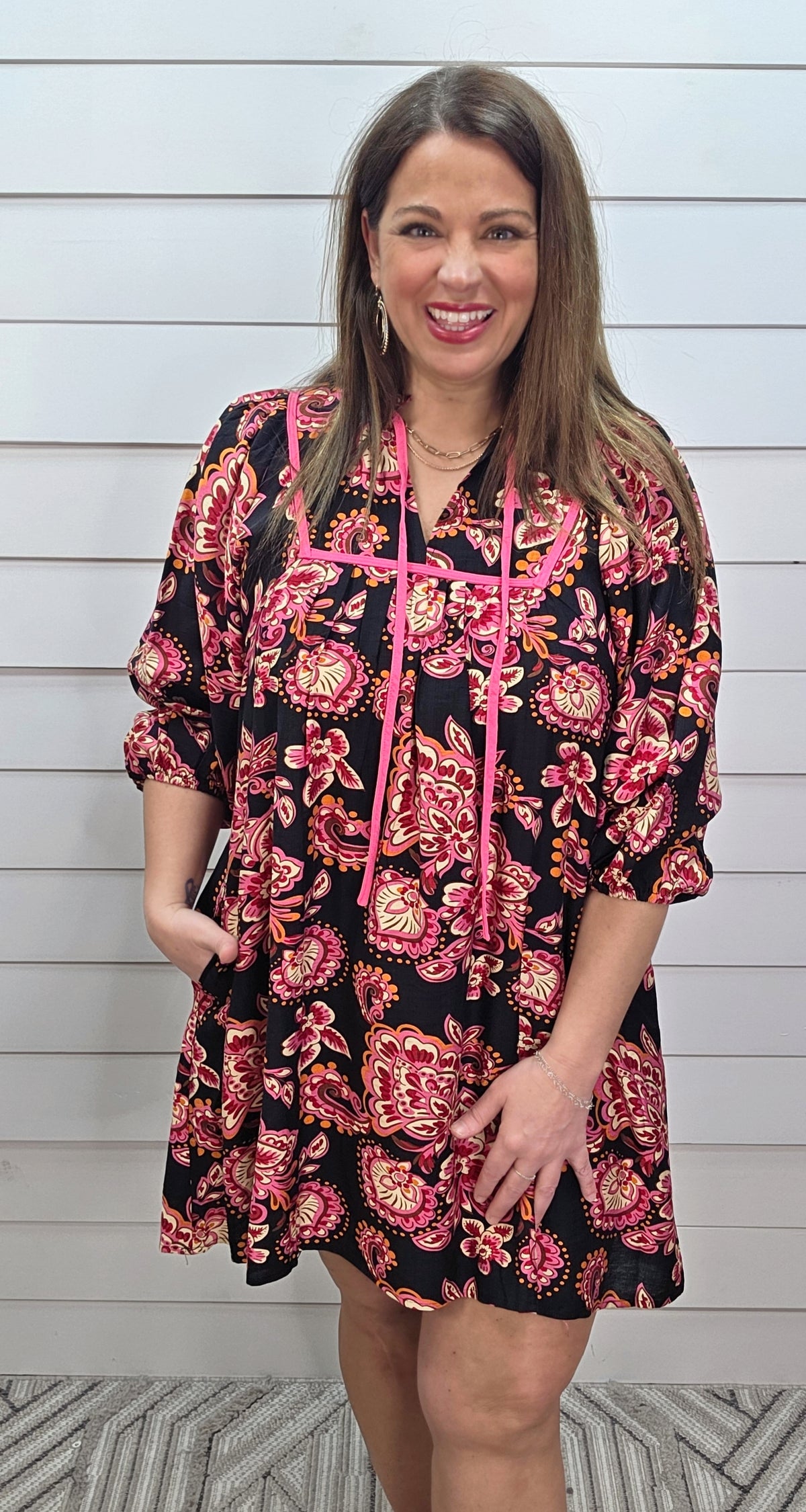BLACK/HOT PINK FLORAL DRESS W/ POCKETS