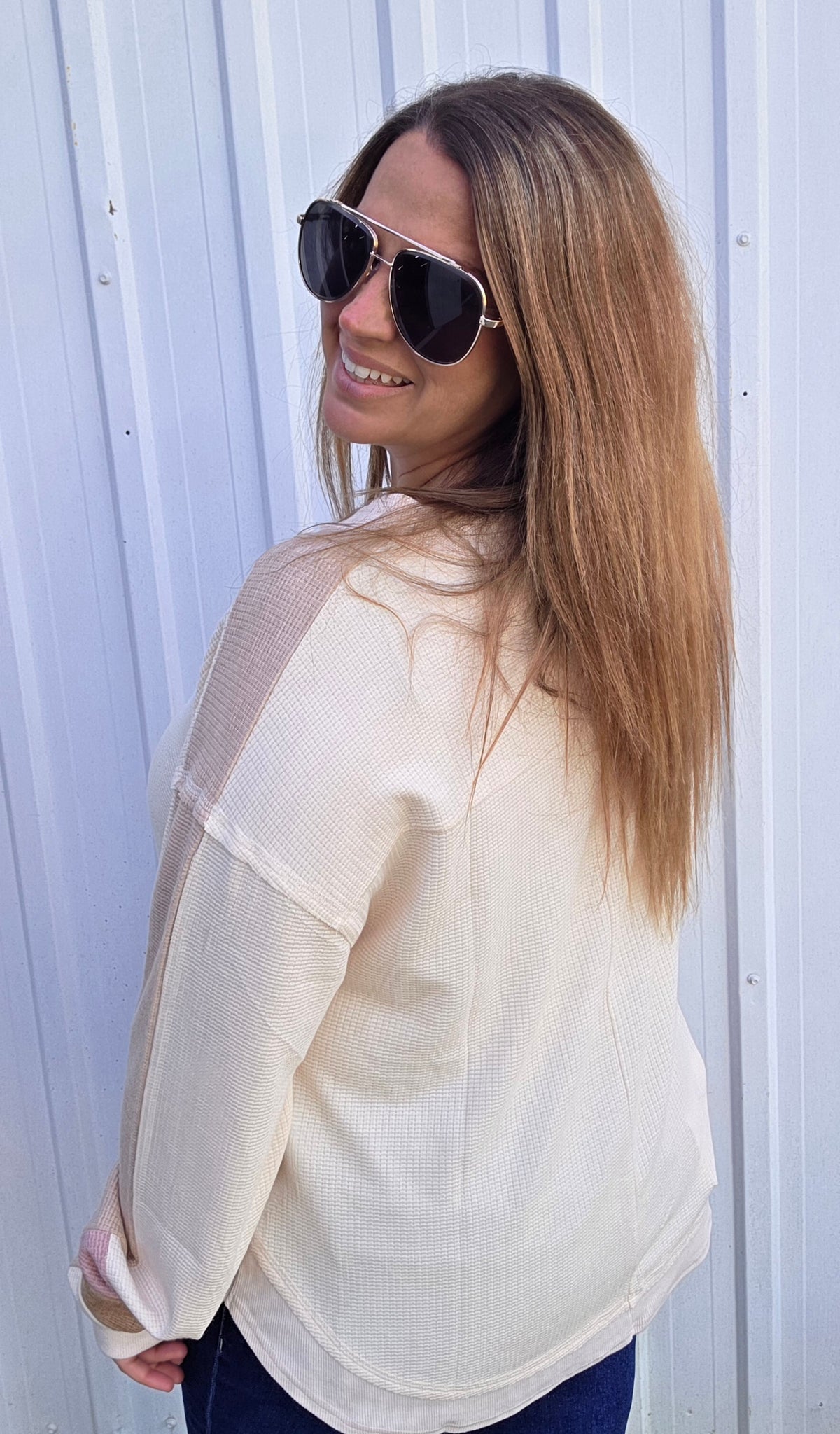 Natural Waffle Texture V Neck Knit top w/ Color Block Sleeves