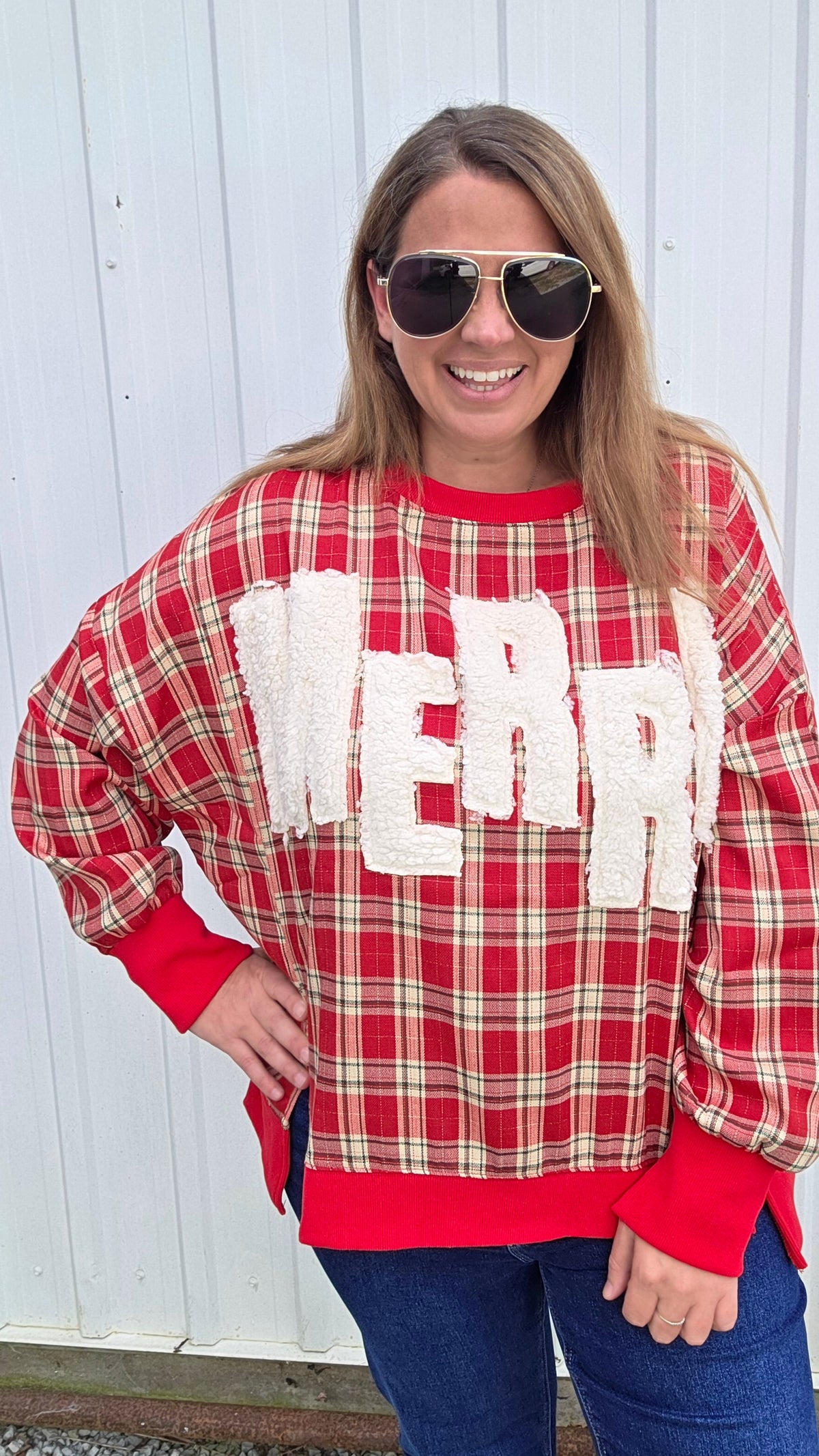 DARK RED PLAID MERRY OVERSIZED TOP
