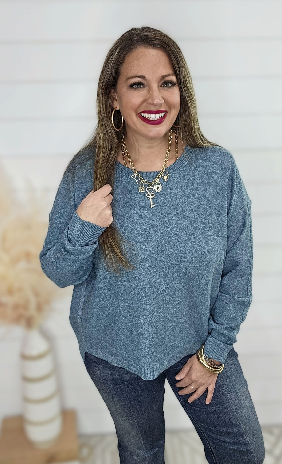 TEAL DROP SHOULDER LIGHT WEIGHT SWEATER