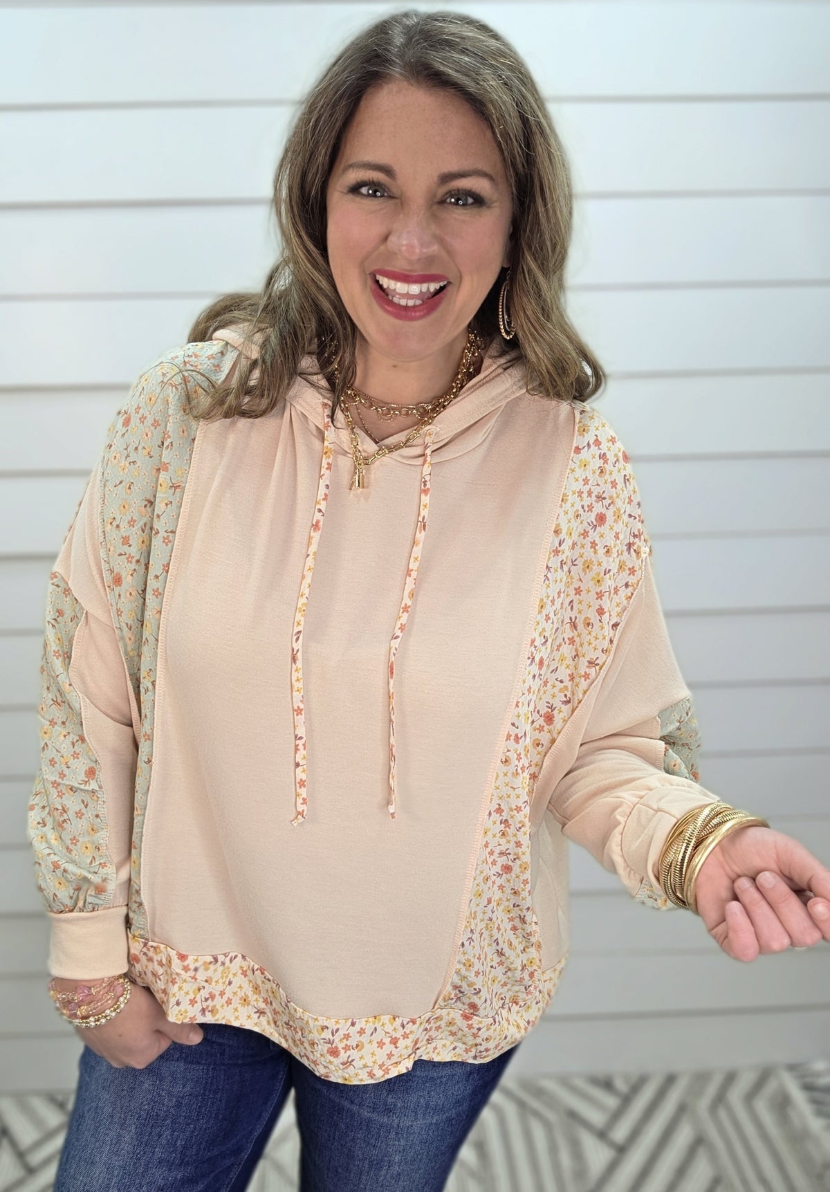 OATMEAL DITSY FLORAL CONTAST LOOSE FIT HOODIE