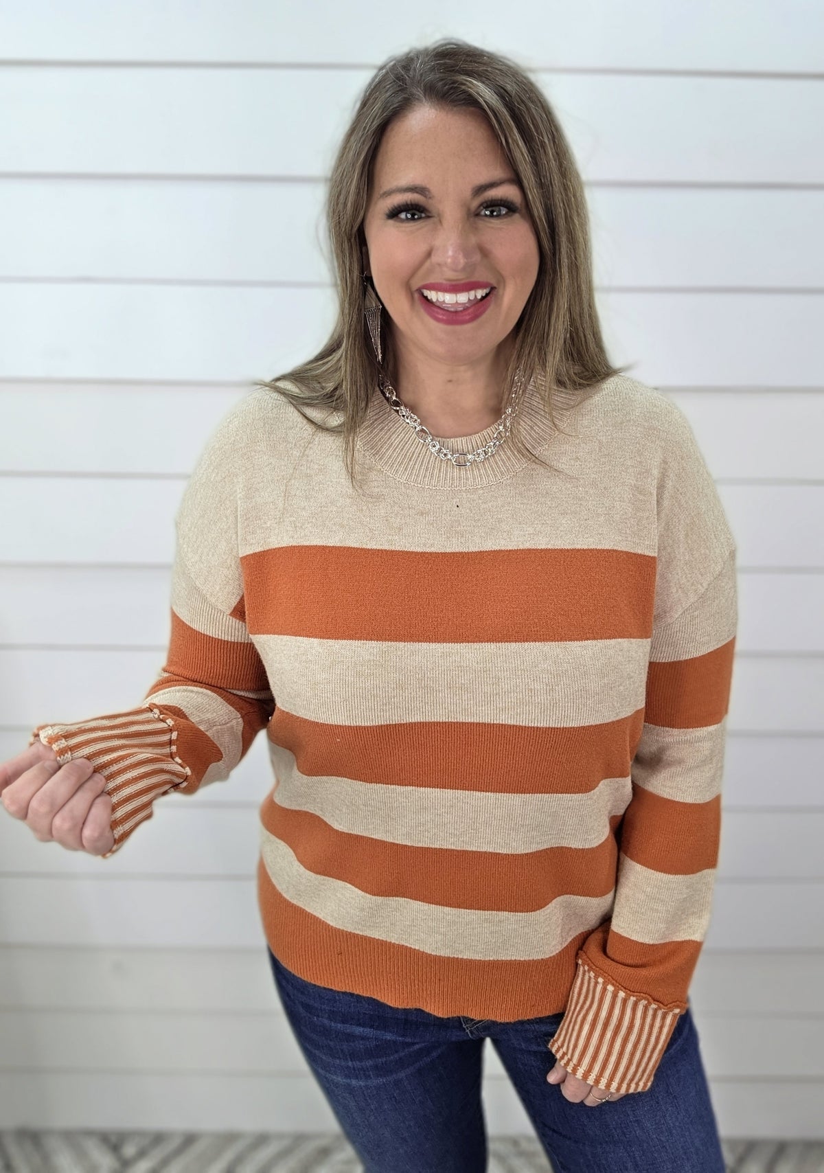 PUMPKIN STRIPED PULLOVER KNIT SWEATER WITH CONTRAST CUFFS
