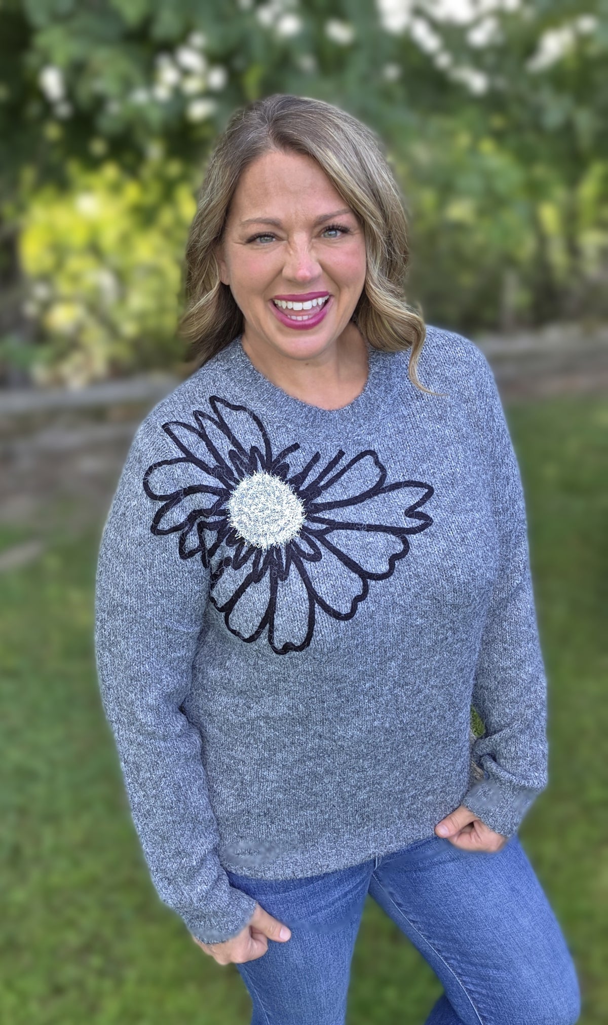 CHARCOAL 3D GLITZ FLORAL KNIT SWEATER