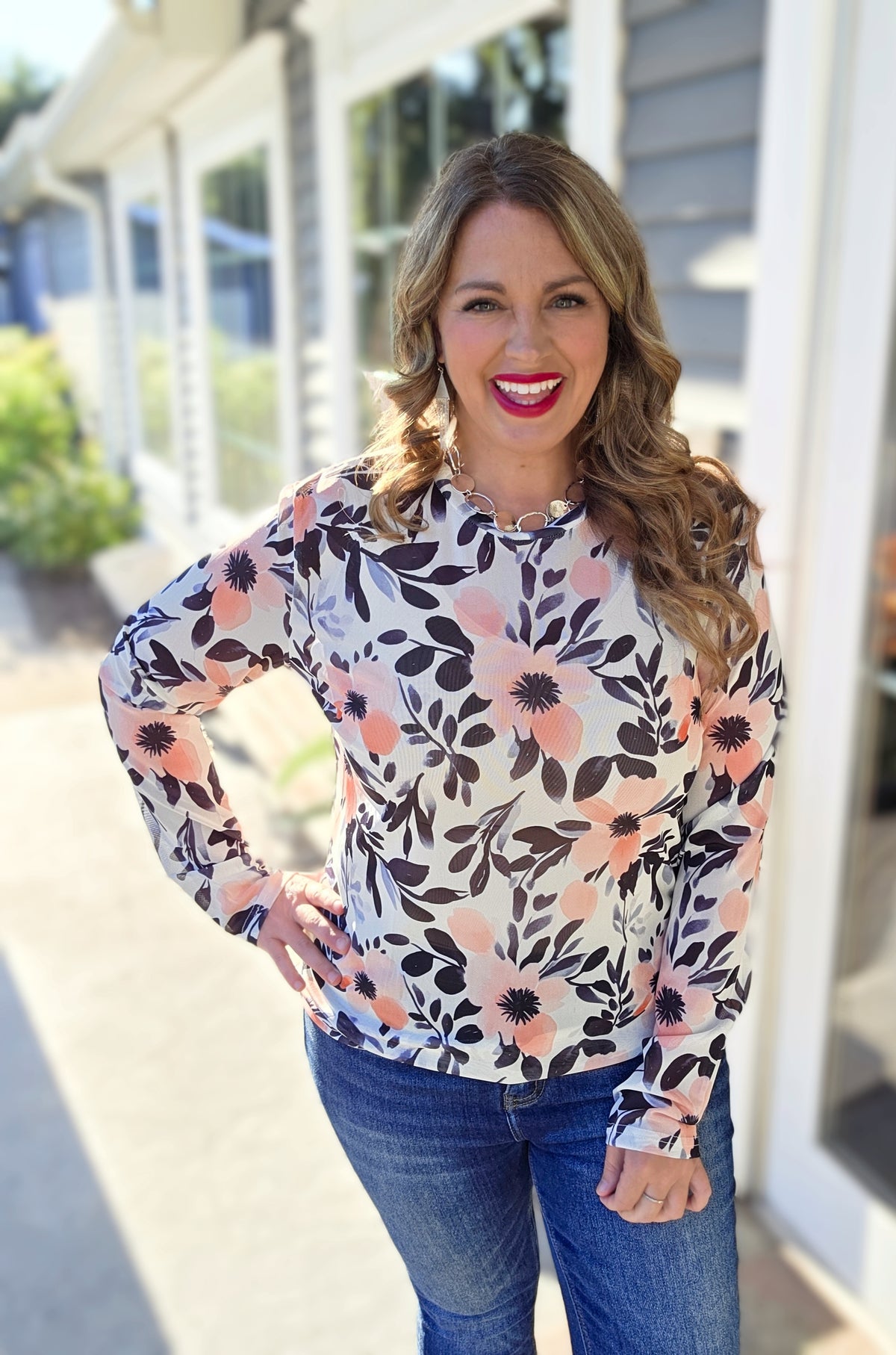 SHIRLEY AND STONE CORAL/FLORAL FLORAL MESH TOP