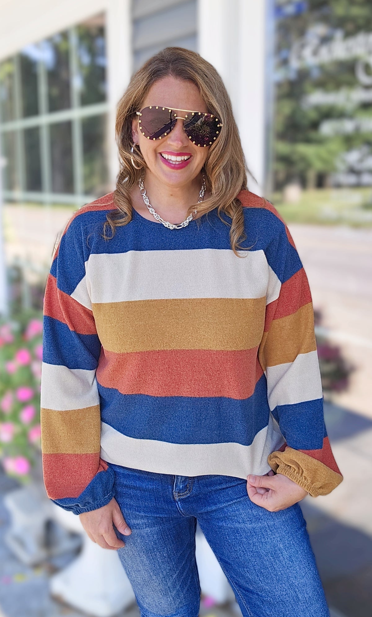 MULTI COLOR WIDE STRIPED BRUSHED KNIT CREW NECK