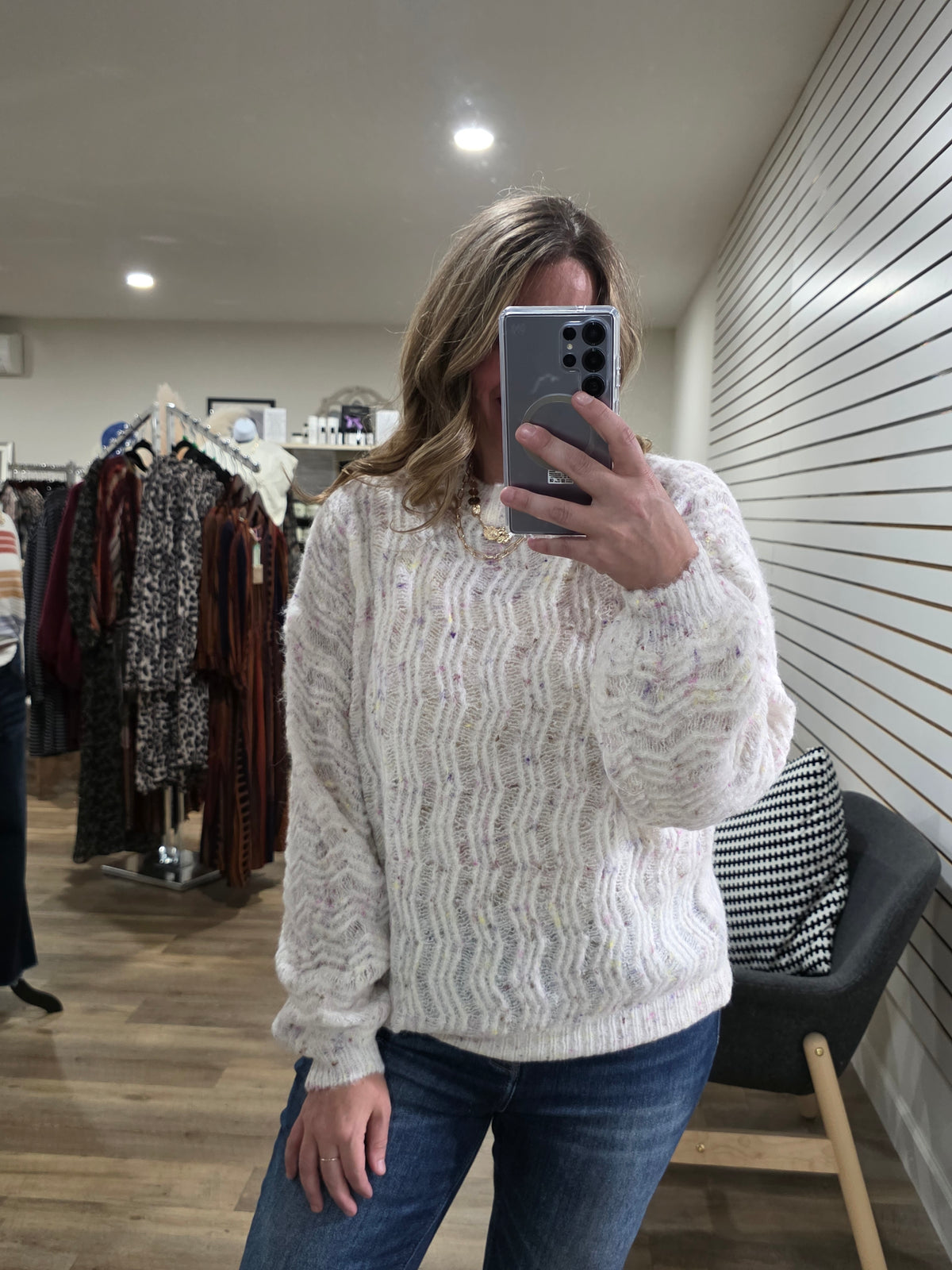CREAM LOOSE WEAVE KNIT MULTI COLOR THRED SWEATER