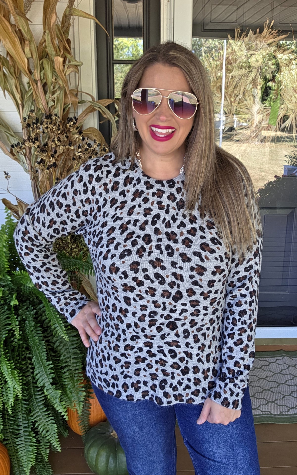 GREY LEOPARD PULLOVER LIGHT WEIGHT SWEATER