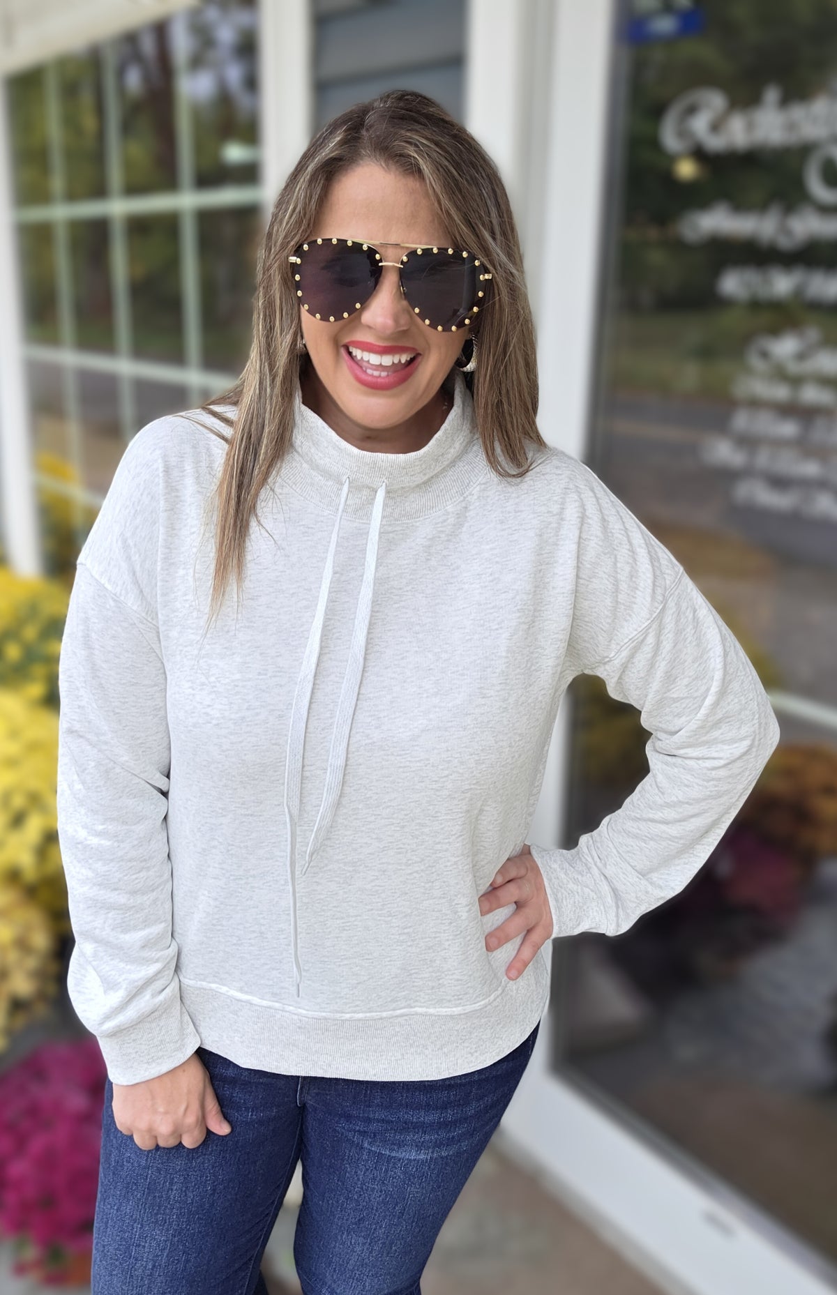 HEATHER GREY MOCK NECK AND TIE CHANNEL SWEATSHIRT