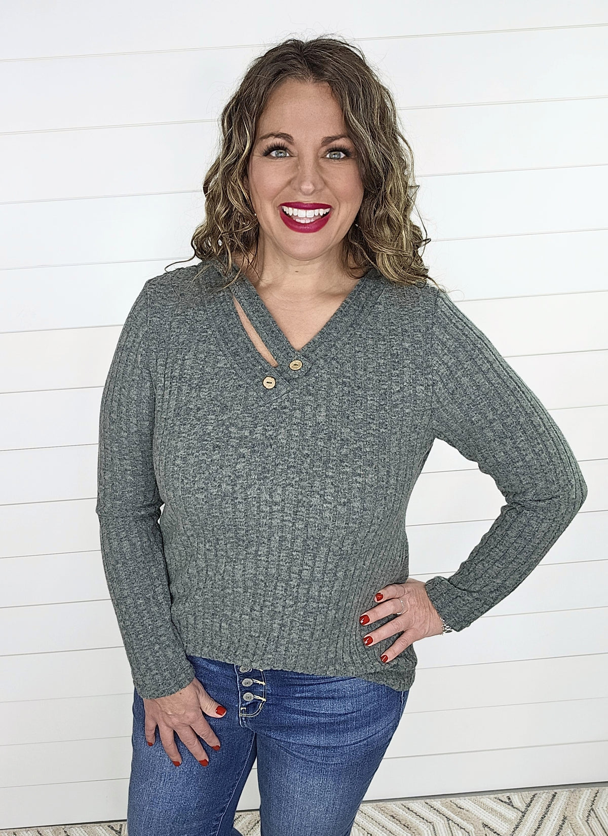 OLIVE BRUSHED KNIT BUTTON STRAPED V NECK TOP