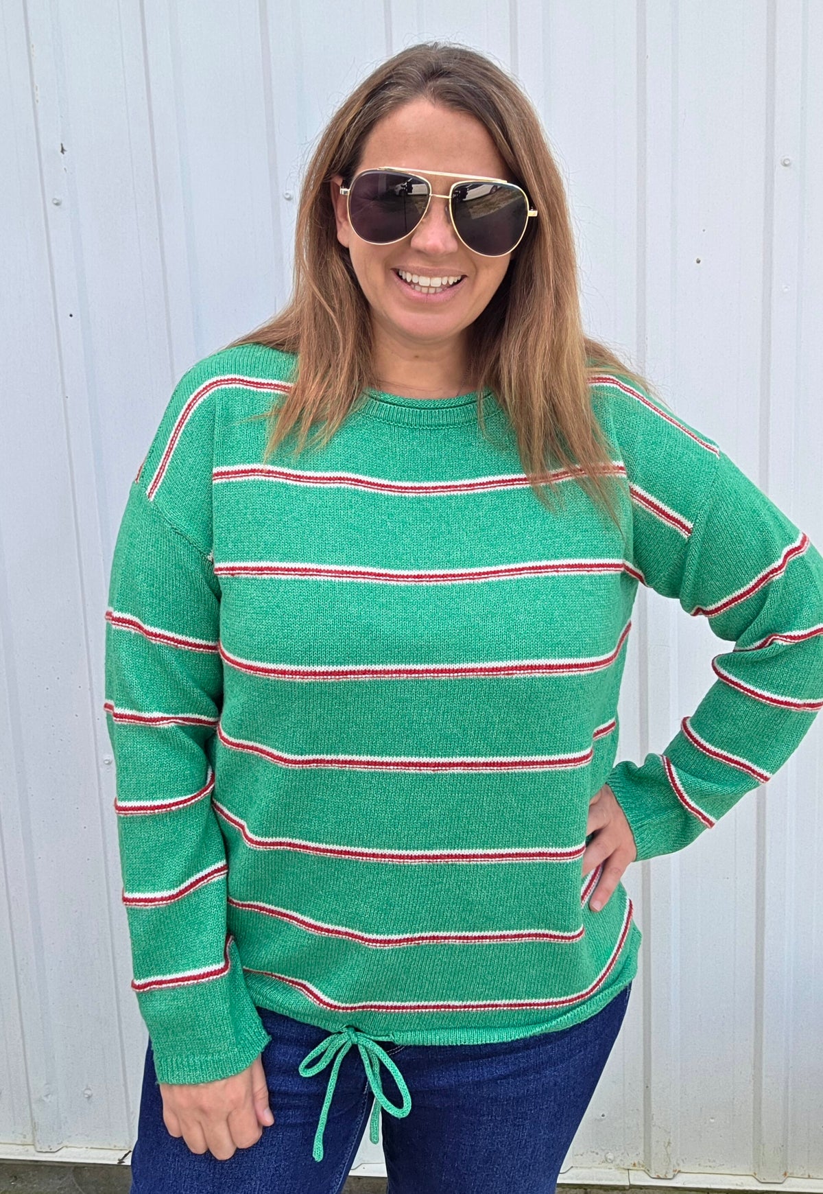 GREEN/RED Draw String Hem, Long Sleeve, Wide Crew Neck, Striped SWEATER