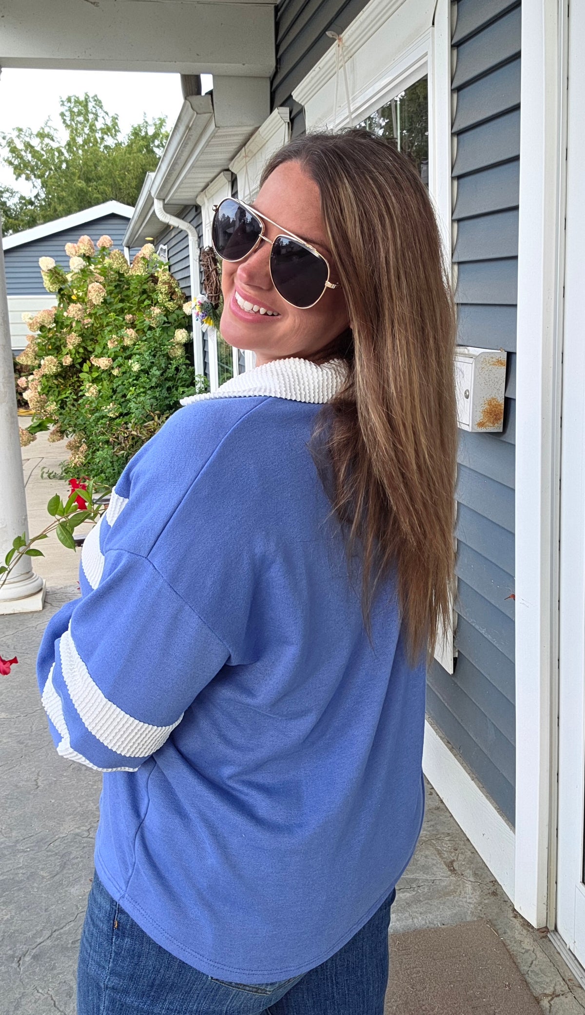 SLATE BLUE FRENCH TERRY RAISED RIBBED CONTRAST KNIT TOP