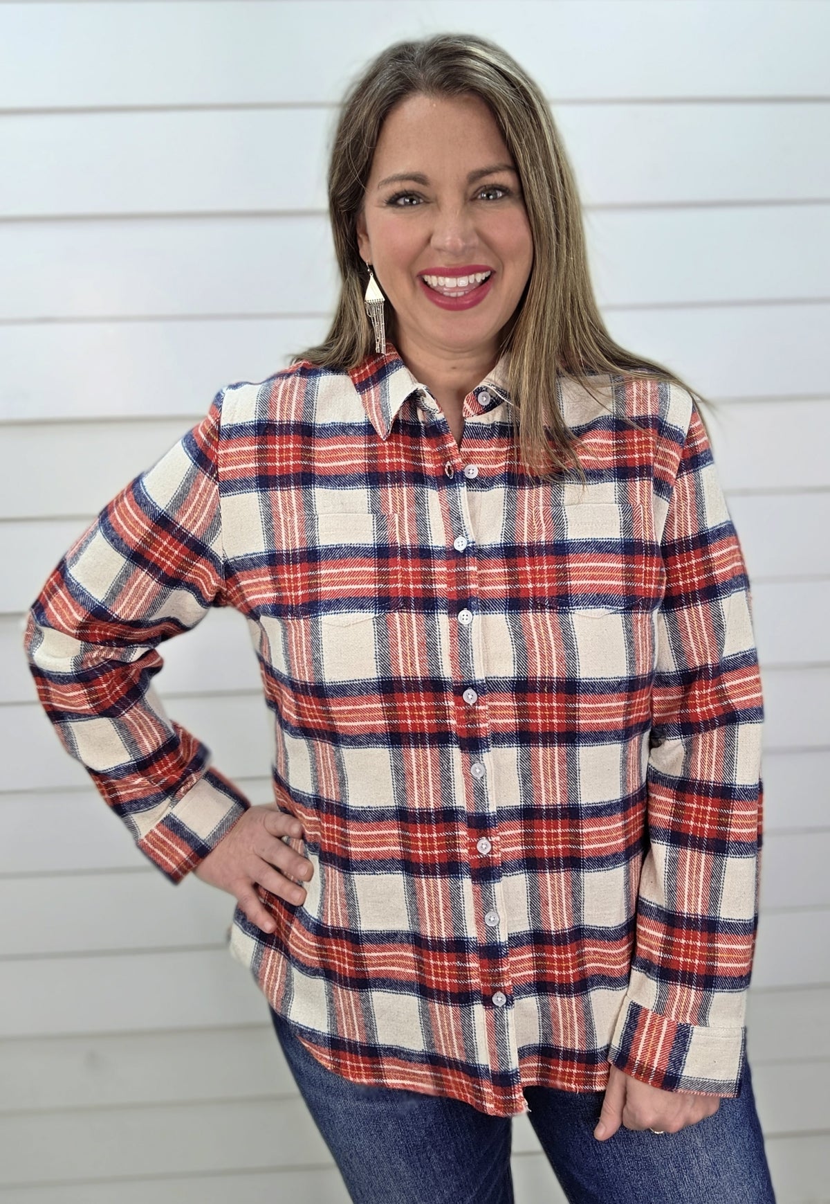 KAREN HART RED/BLUE PLAID BUTTON DOWN WITH BUTTONS IN THE BACK