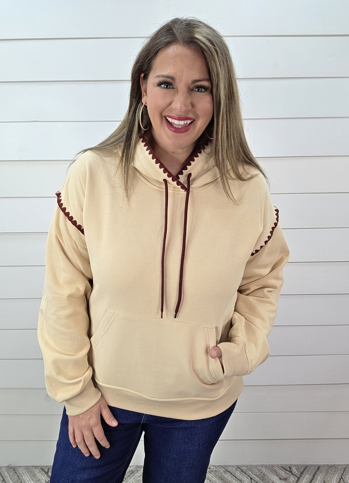 BEIGE/WINE STITCHED HOODIE