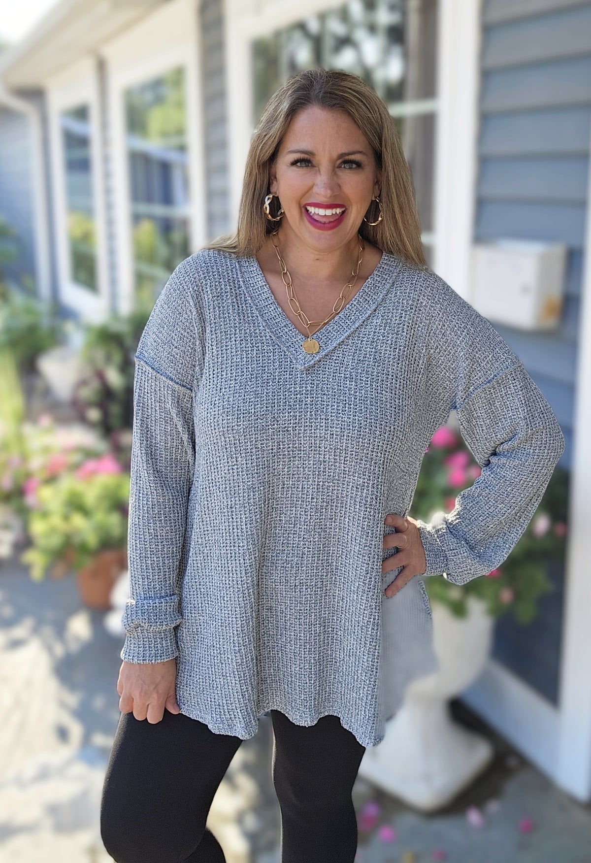 GREY LOOSE KNIT V NECK OVERSIZED LONG SLEEVE LIGHT SWEATER