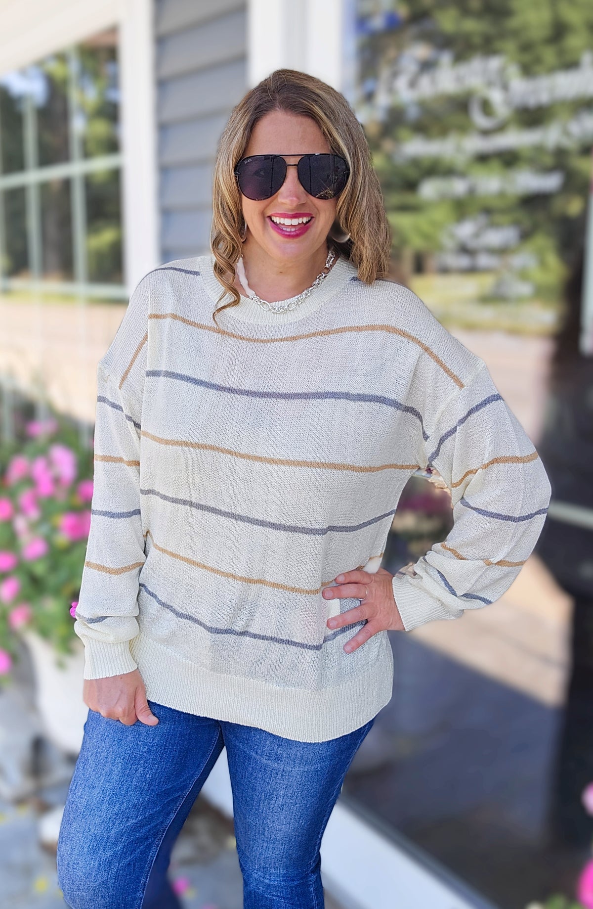 CREAM/GREY/CAMEL STRIPED LIGHT WEIGHT SWEATER