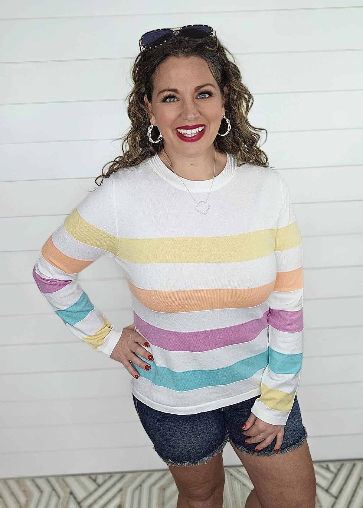 WHITE BRIGHT STRIPED COLORBLOCK KNIT TOP