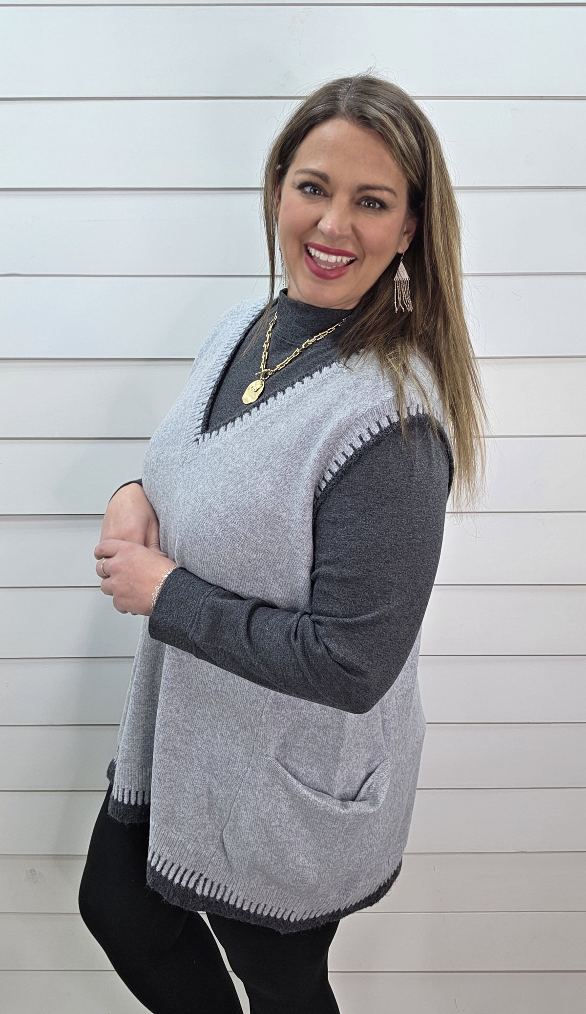 HEATHER GREY V NECK STITCH FINISH LONG SWEATER VEST