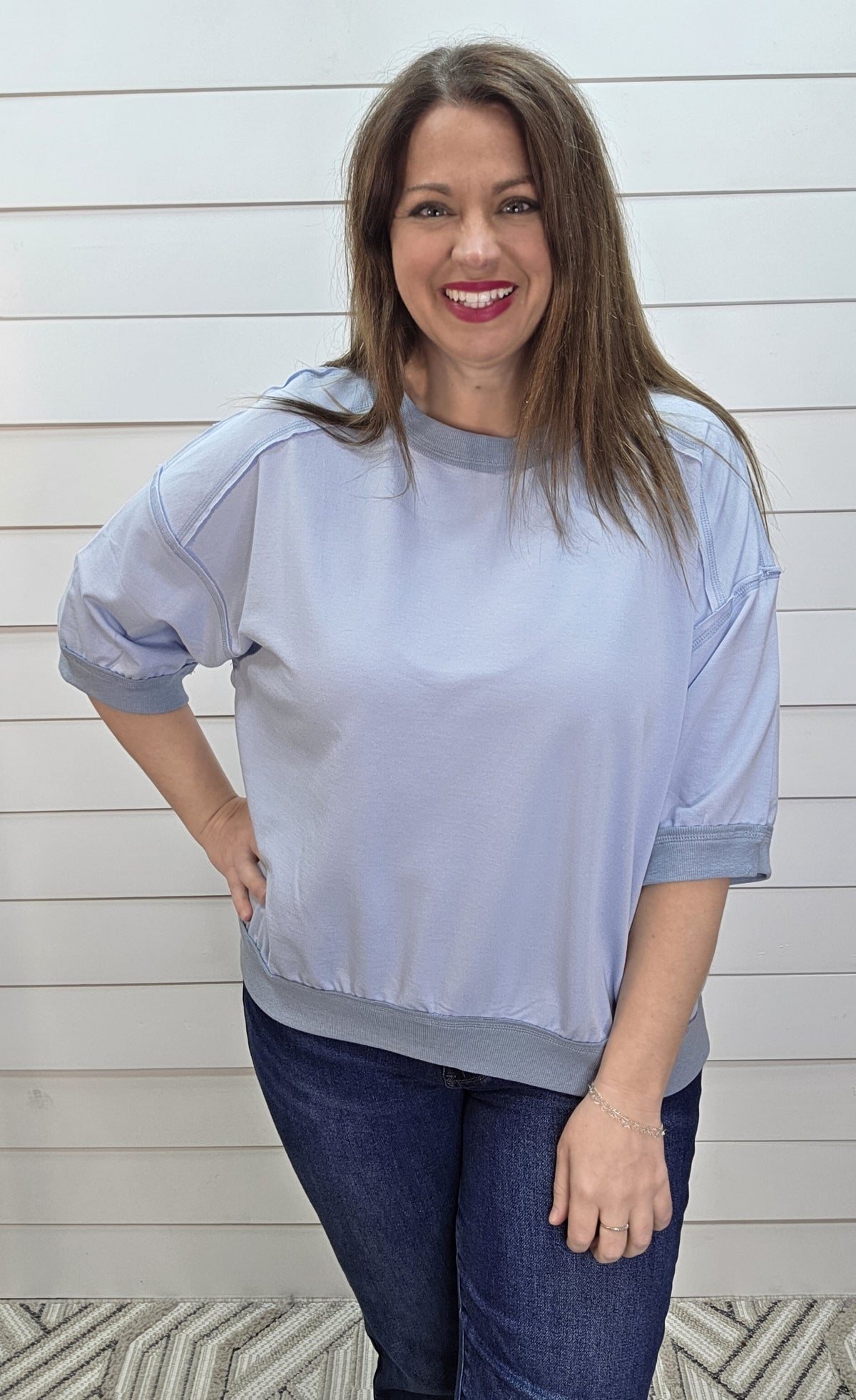 SKY BLUE CONTRAST TRIM RAGLAN SHORT SLEEVE KNIT TOP