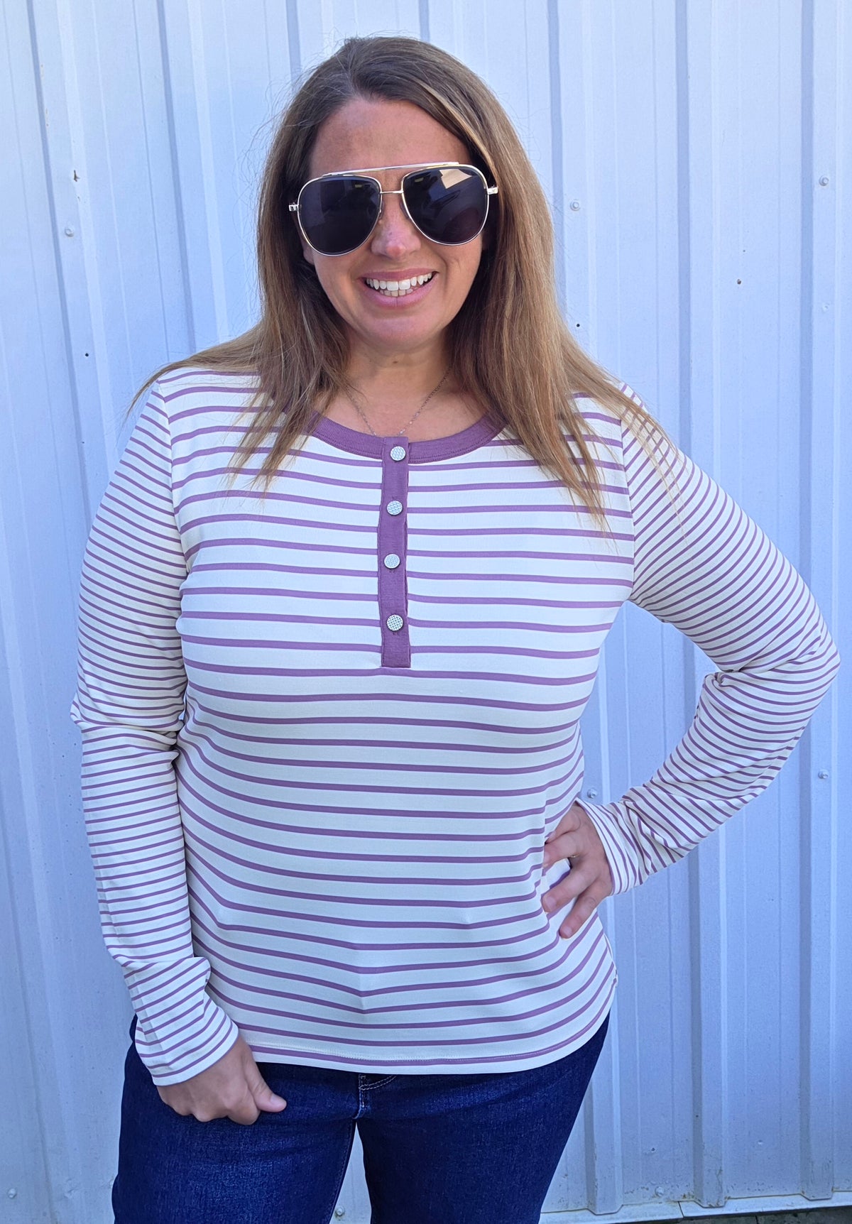 Ivory/Lavender Color Contrasted Button Henley, Long Sleeve, Stripe Knit Top
