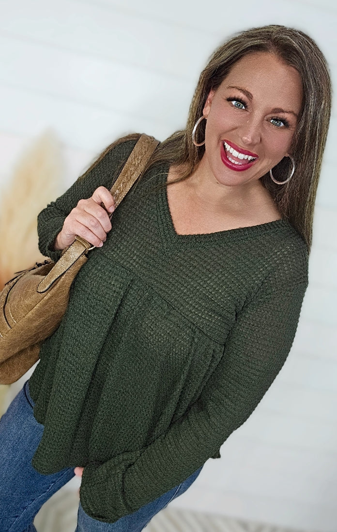 OLIVE WAFFLE KNIT BABYDOLL TOP