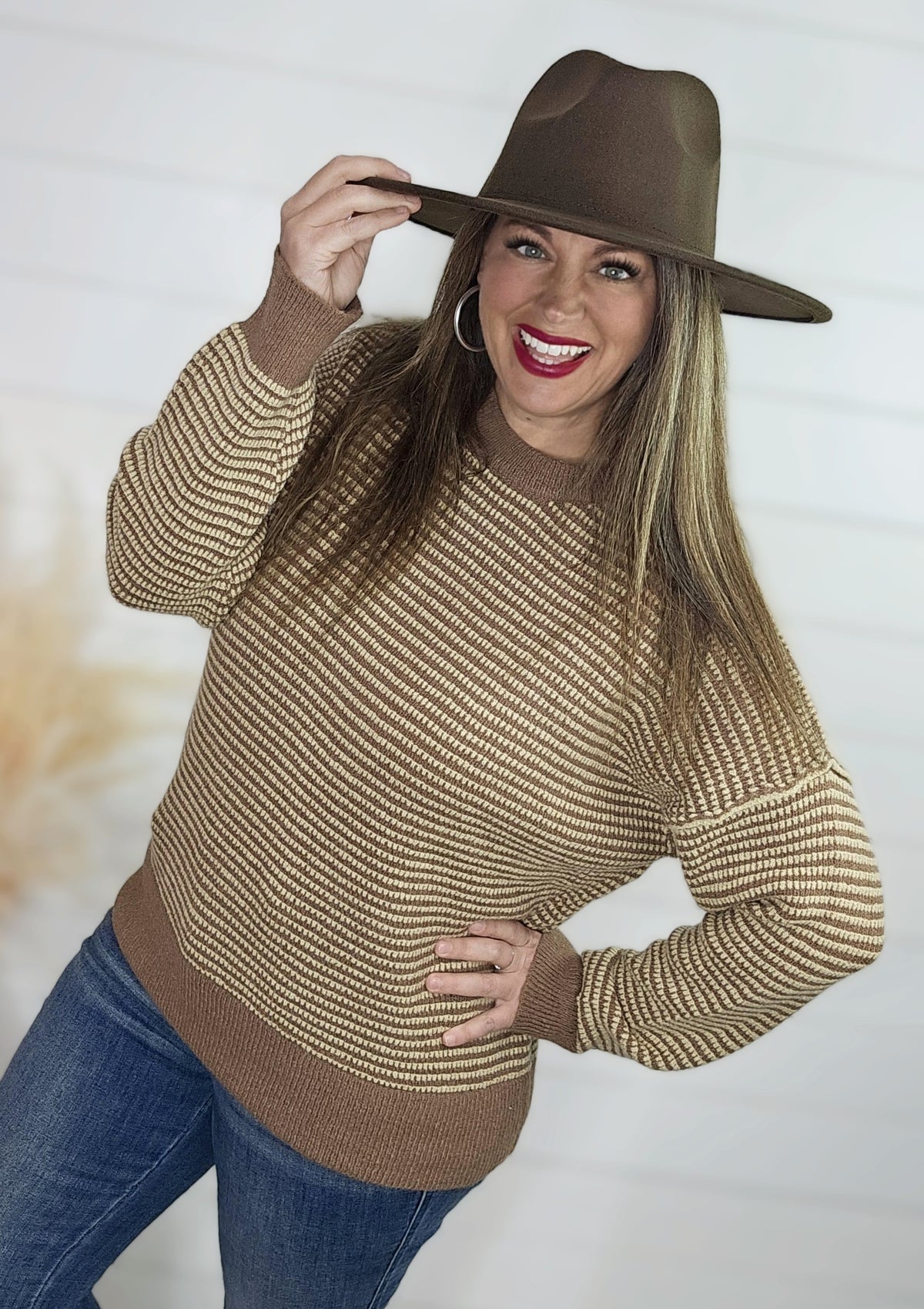 BEIGE WAFFLE TEXTURE TWO TONE SWEATER