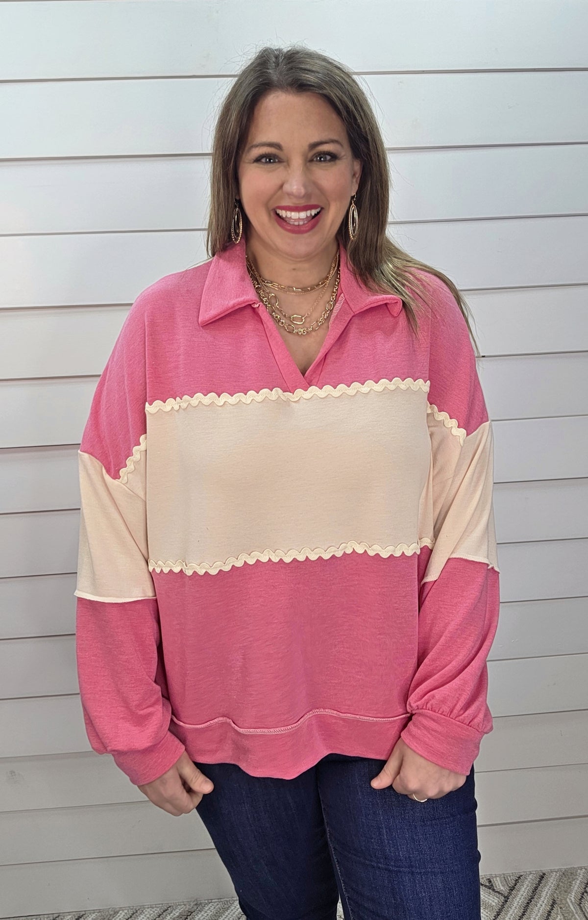 PINK COLORBLOCK LIGHT WEIGHT FRENCH TERRY TOP W/ RIC RAC TRIM