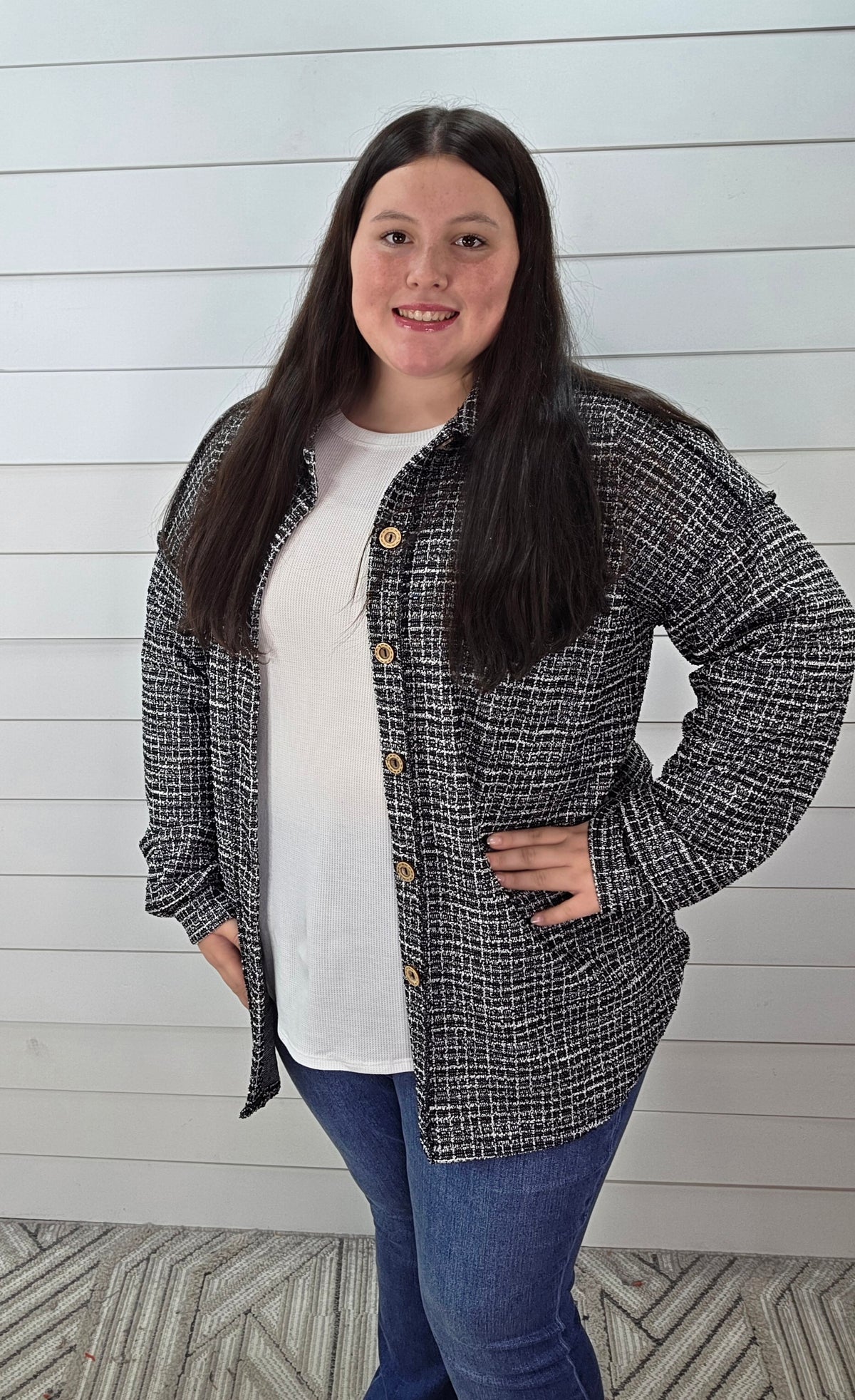 BLACK/CREAM GLITZ PLAID SOFT TWEED BUTTON DOWN