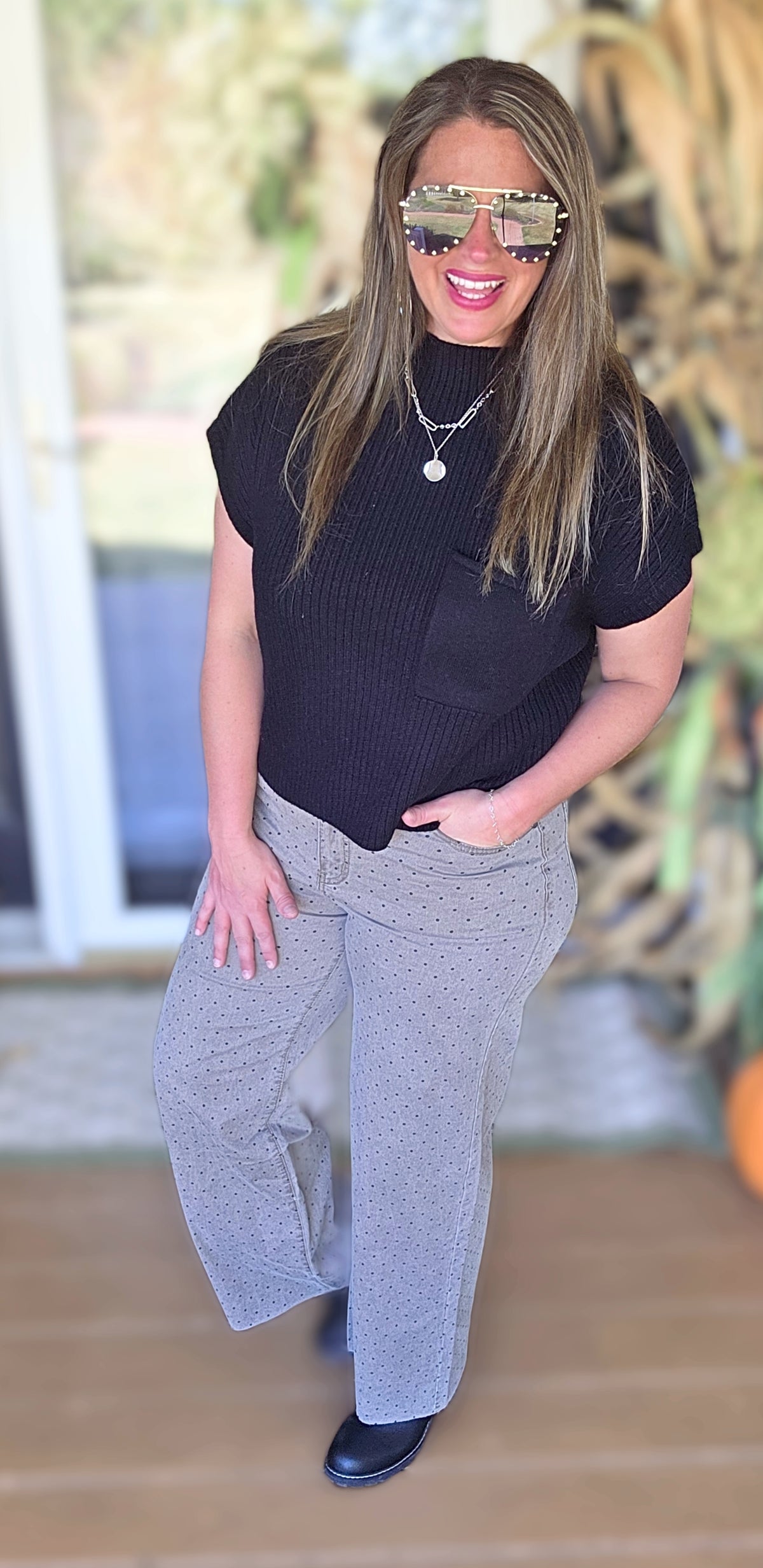 MOCHA WASHED POLKADOT WIDE LEG DENIM PANTS