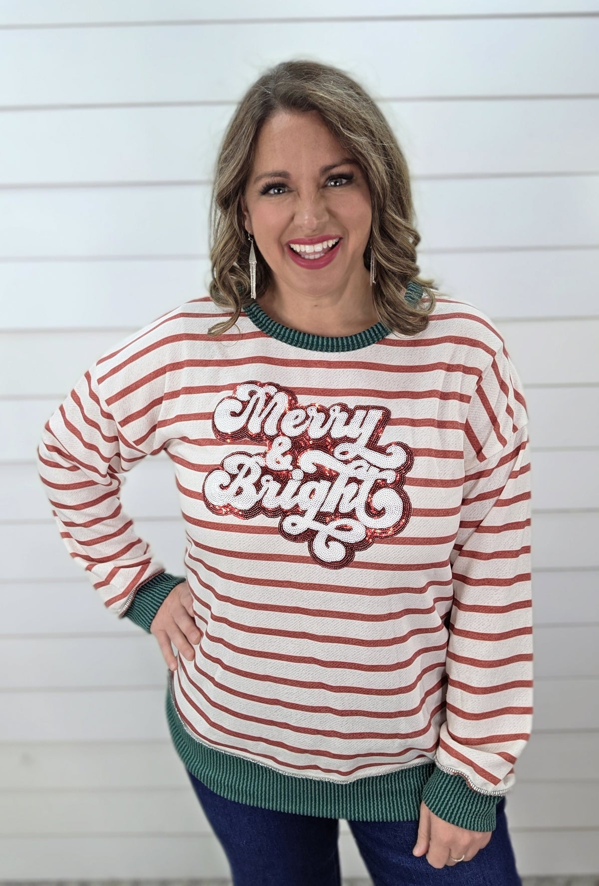 RED/WHITE STRIPED FRENCH TERRY "MERRY AND BRIGHT" TOP