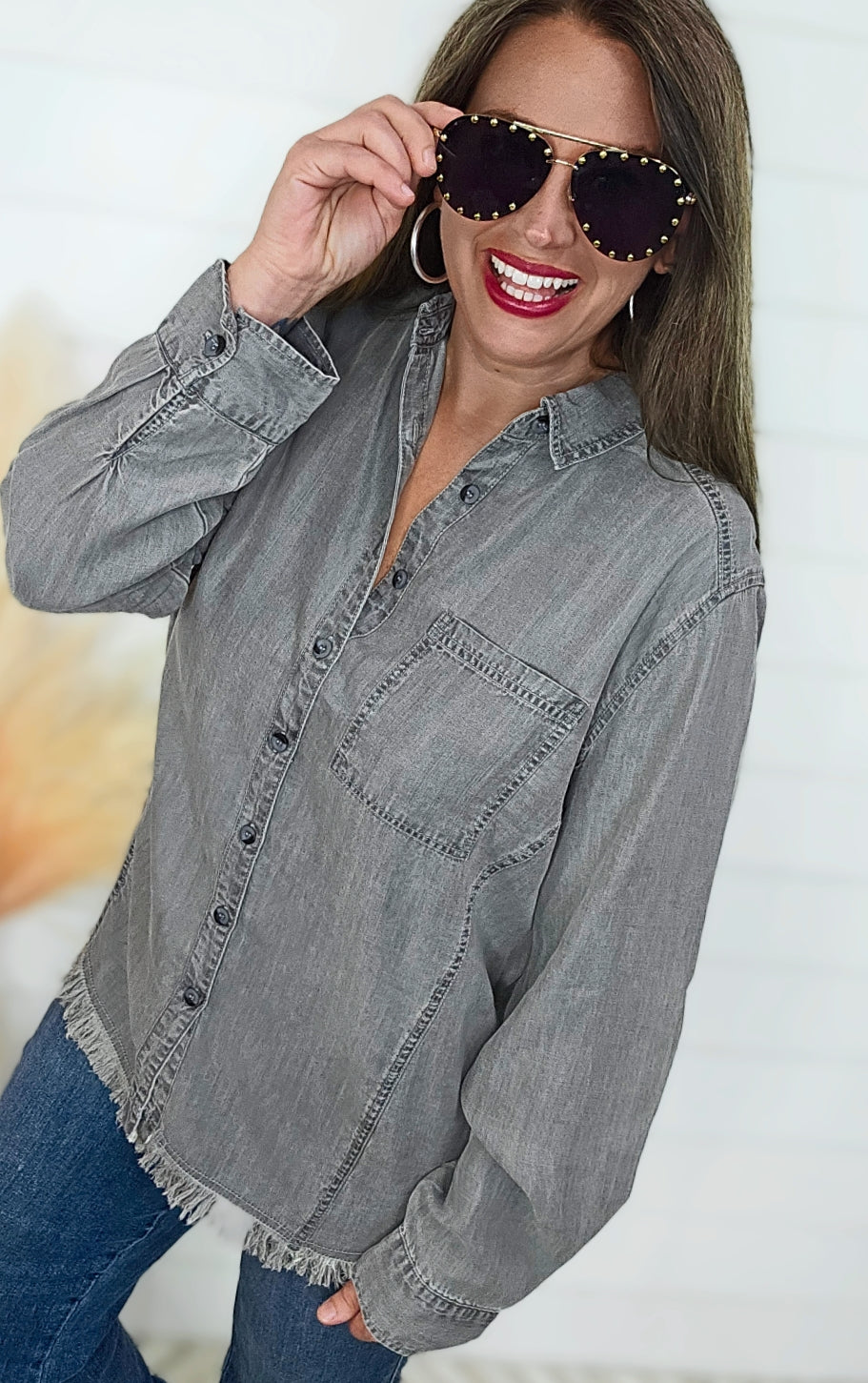 GREY POCKET FRINGE BOTTON TENCIL BUTTON UP