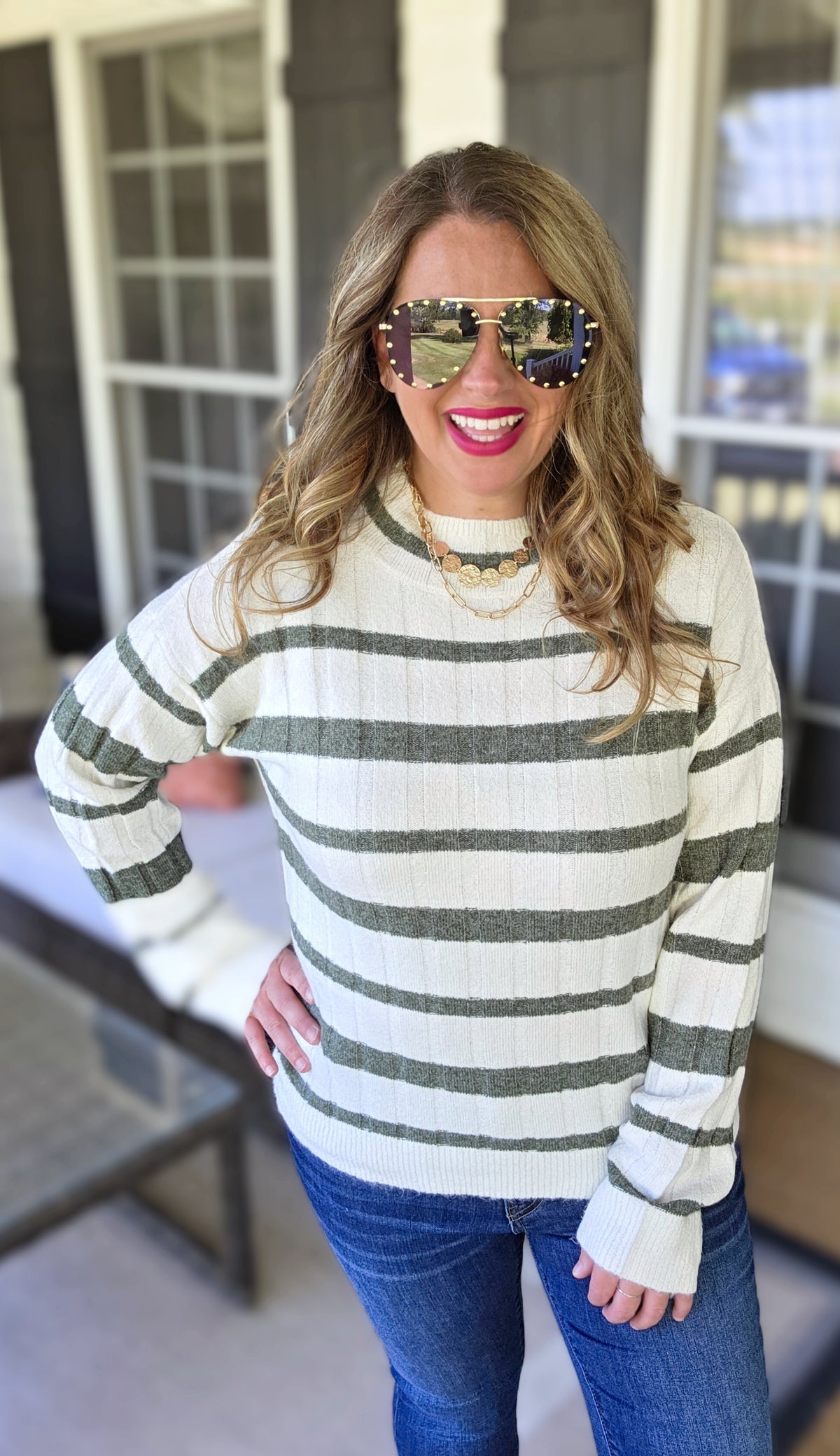 CREAM/DK SAGE STRIPED MOCK NECK PULLOVER SWEATER