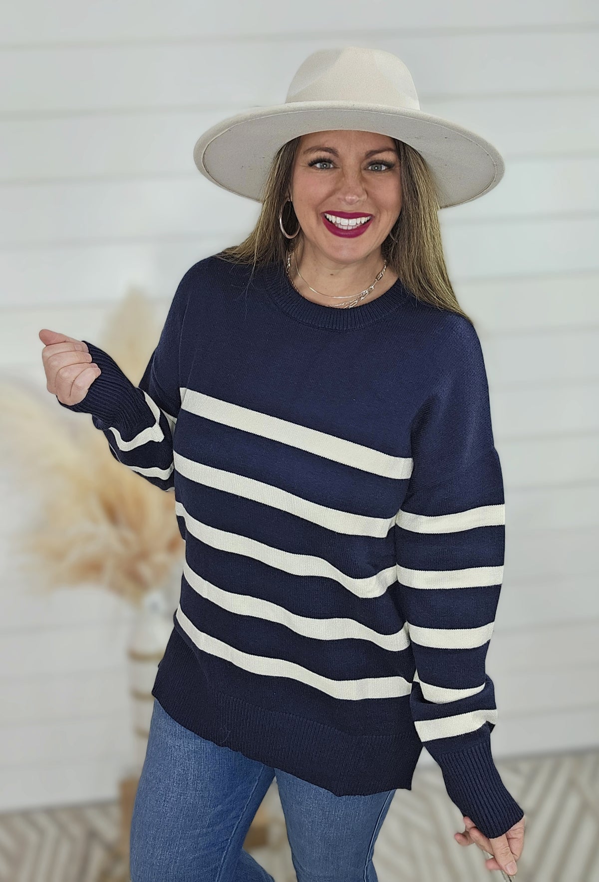 NAVY STRIPED OVERSIZED SIDE SPLIT CREW NECK SWEATER