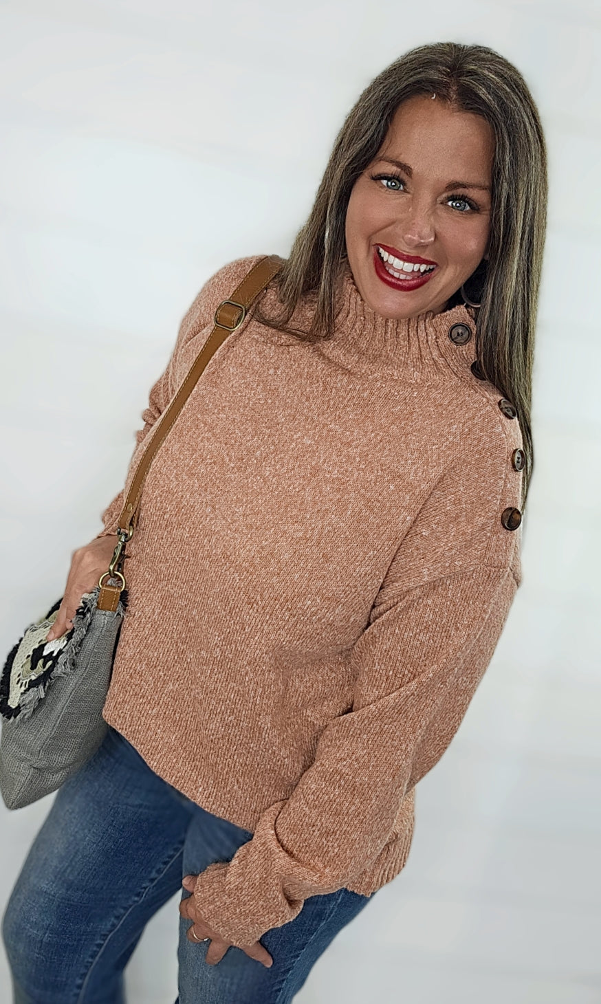 LT RUST KNIT SWEATER W/ SIDE BUTTON NECKLINE