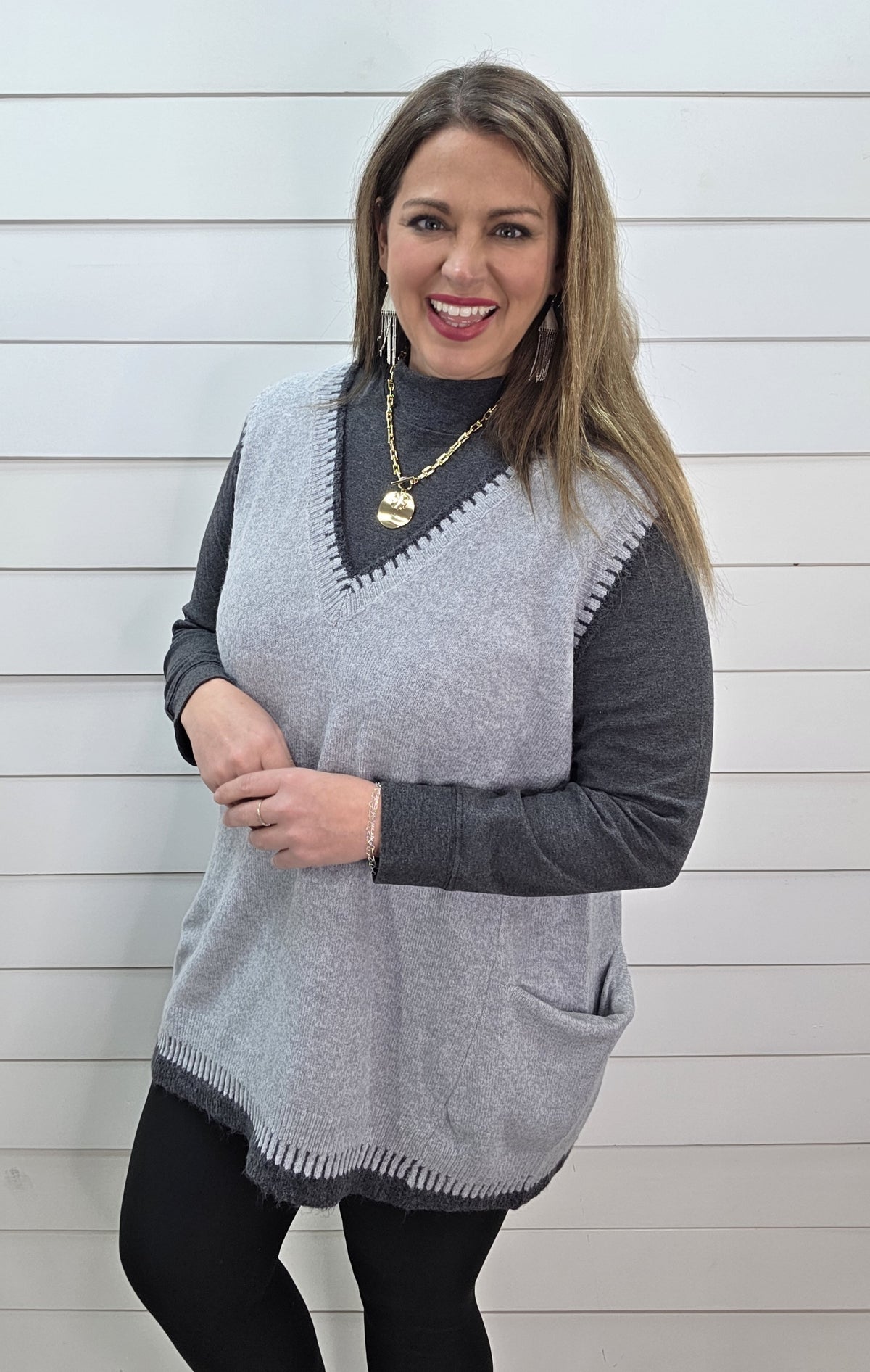 HEATHER GREY V NECK STITCH FINISH LONG SWEATER VEST