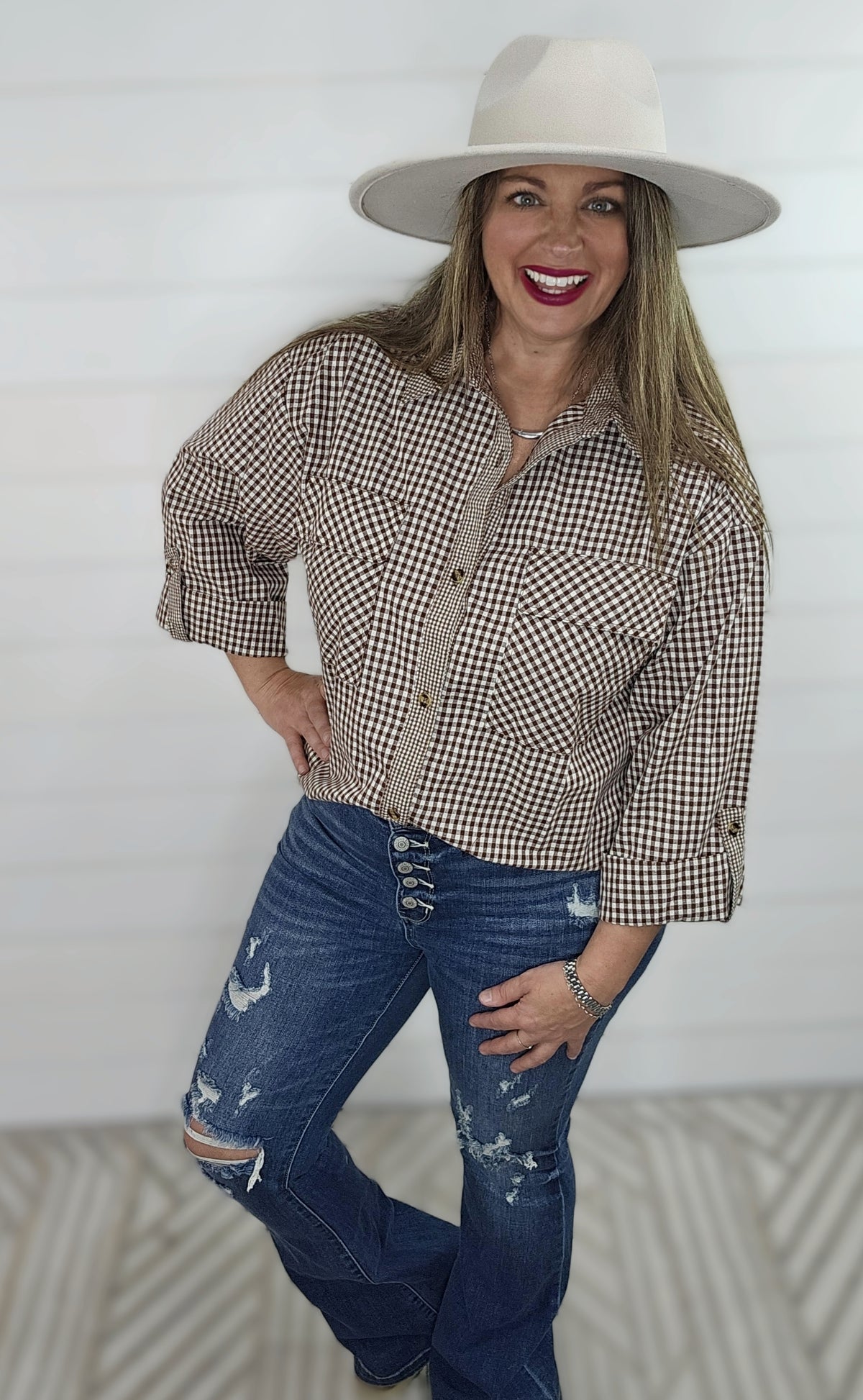 BROWN CHECK ROLL TAB PLAID BUTTON DOWN TOP