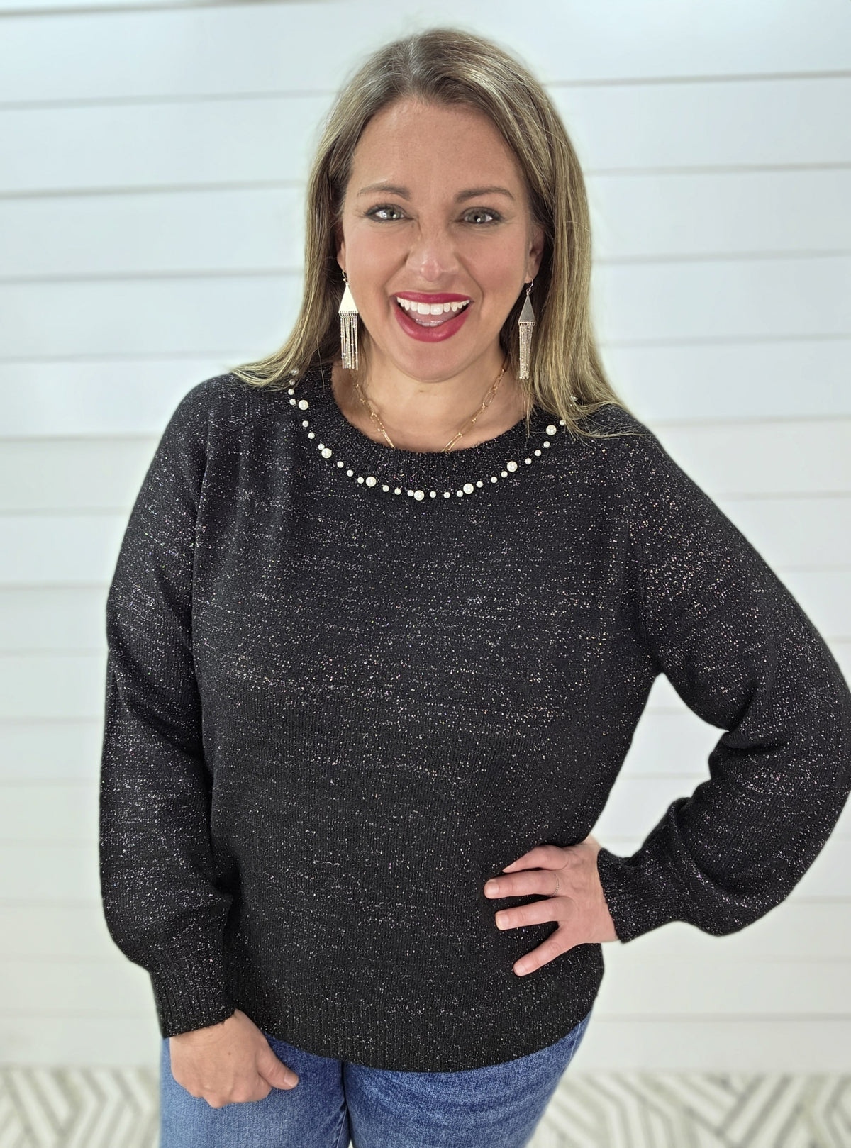 BLACK SHIMMER SWEATER W/ PEARL TRIM