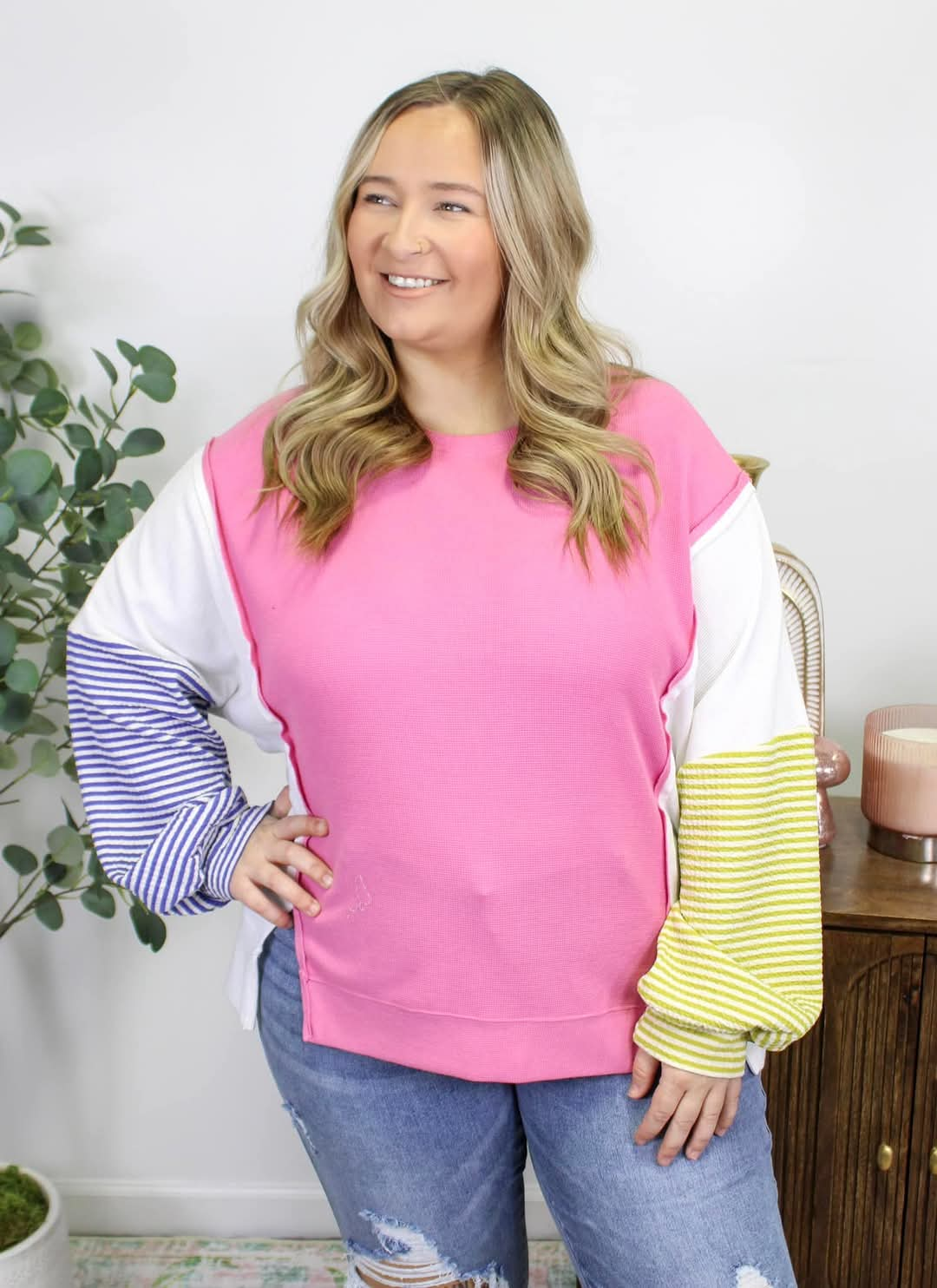 PINK EXPOSED SEAM COLORBLOCK KNIT TOP