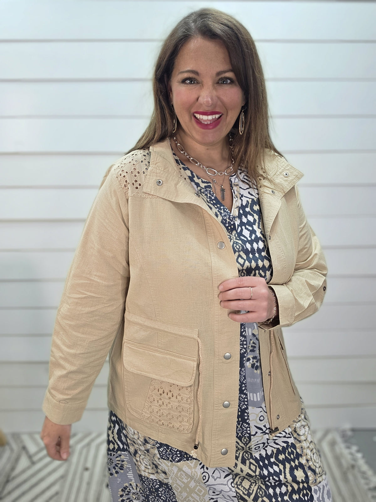 SAND CROCHET TRIM LINEN BLEND DRAWSTRING JACKET