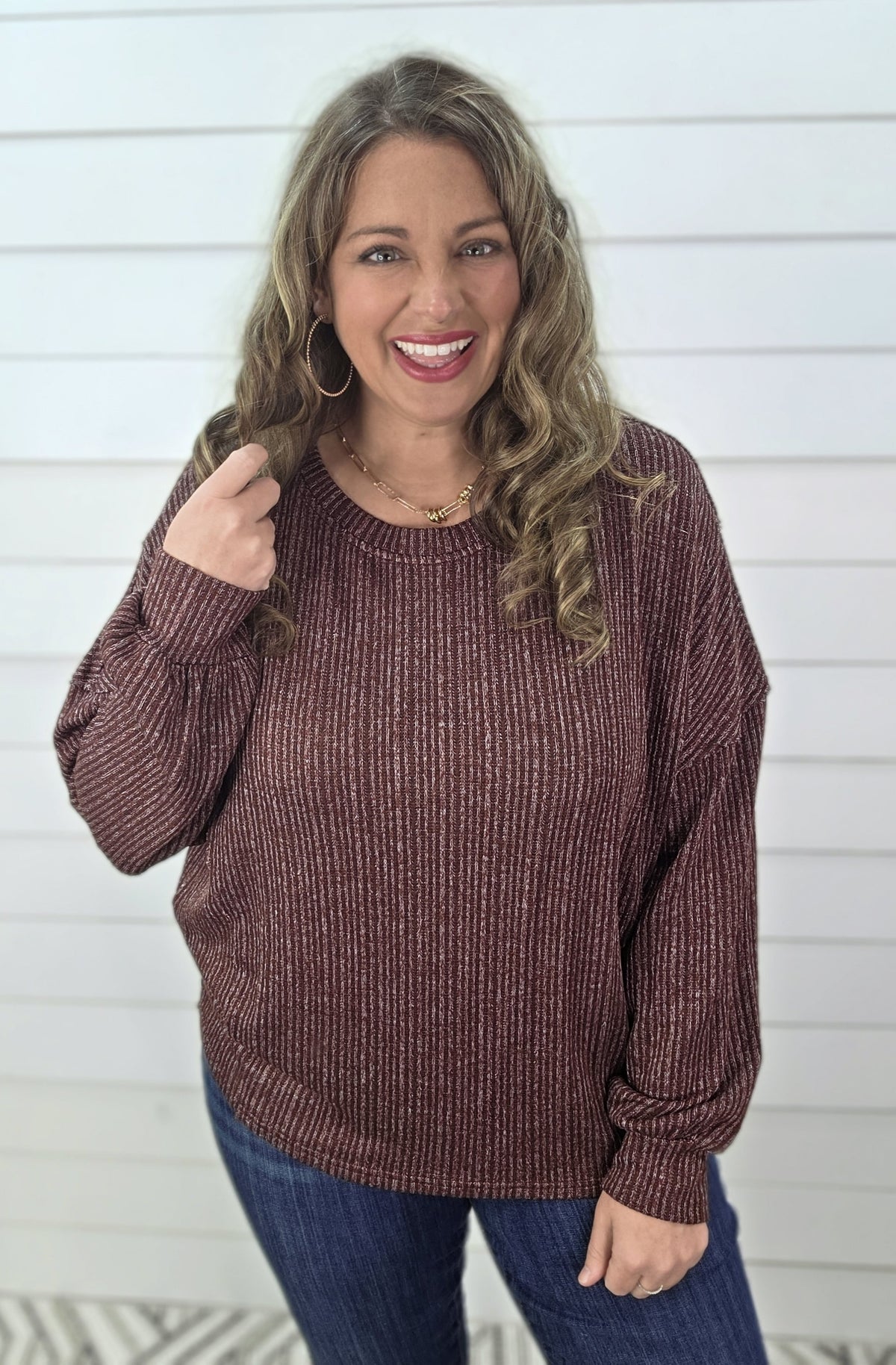 WINE MARBLED LONG SLEEVE KNIT TOP