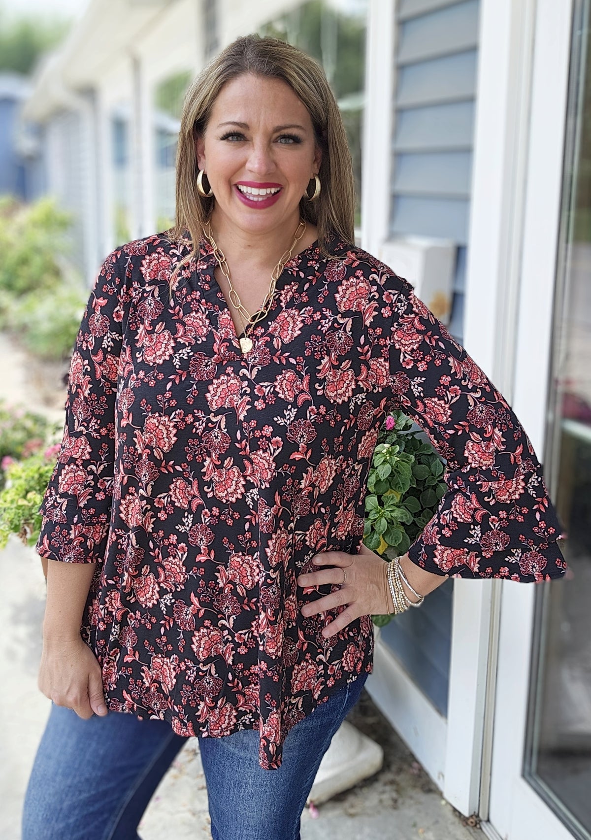 DEAR SCARLETT BLACK/RED FLORAL DOUBLE BELL LIZZY