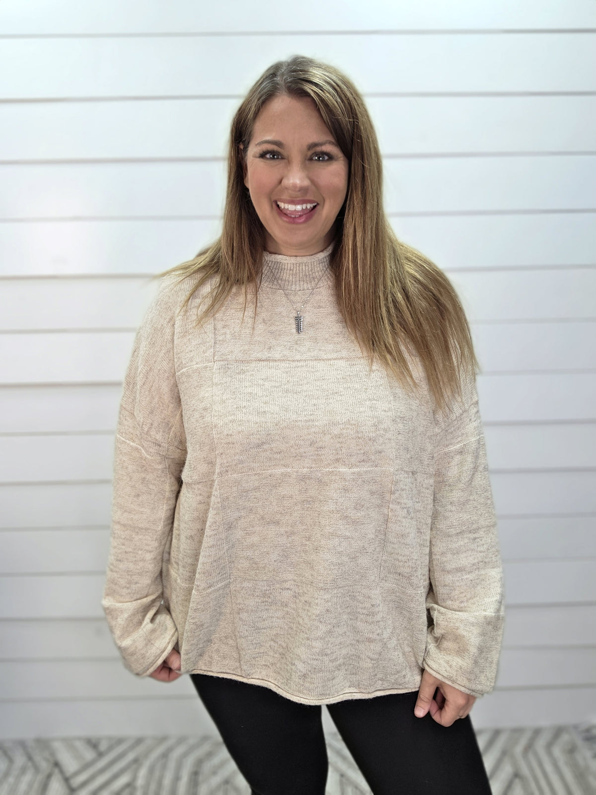 OATMEAL CHECKERED TEXTURED OVERSIZED KNIT SWEATER