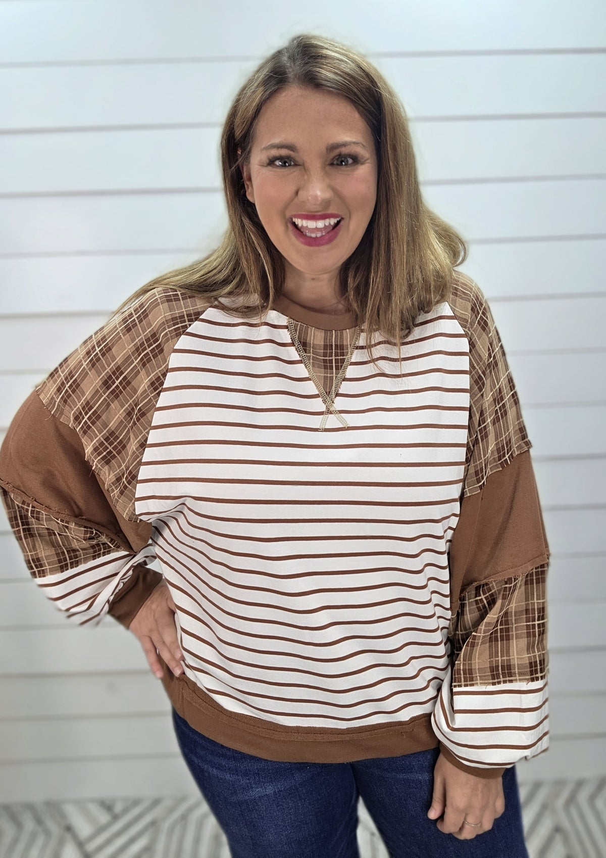 IVORY/CAMEL STRIPED/PLAID KNIT FRENCH TERRY TOP